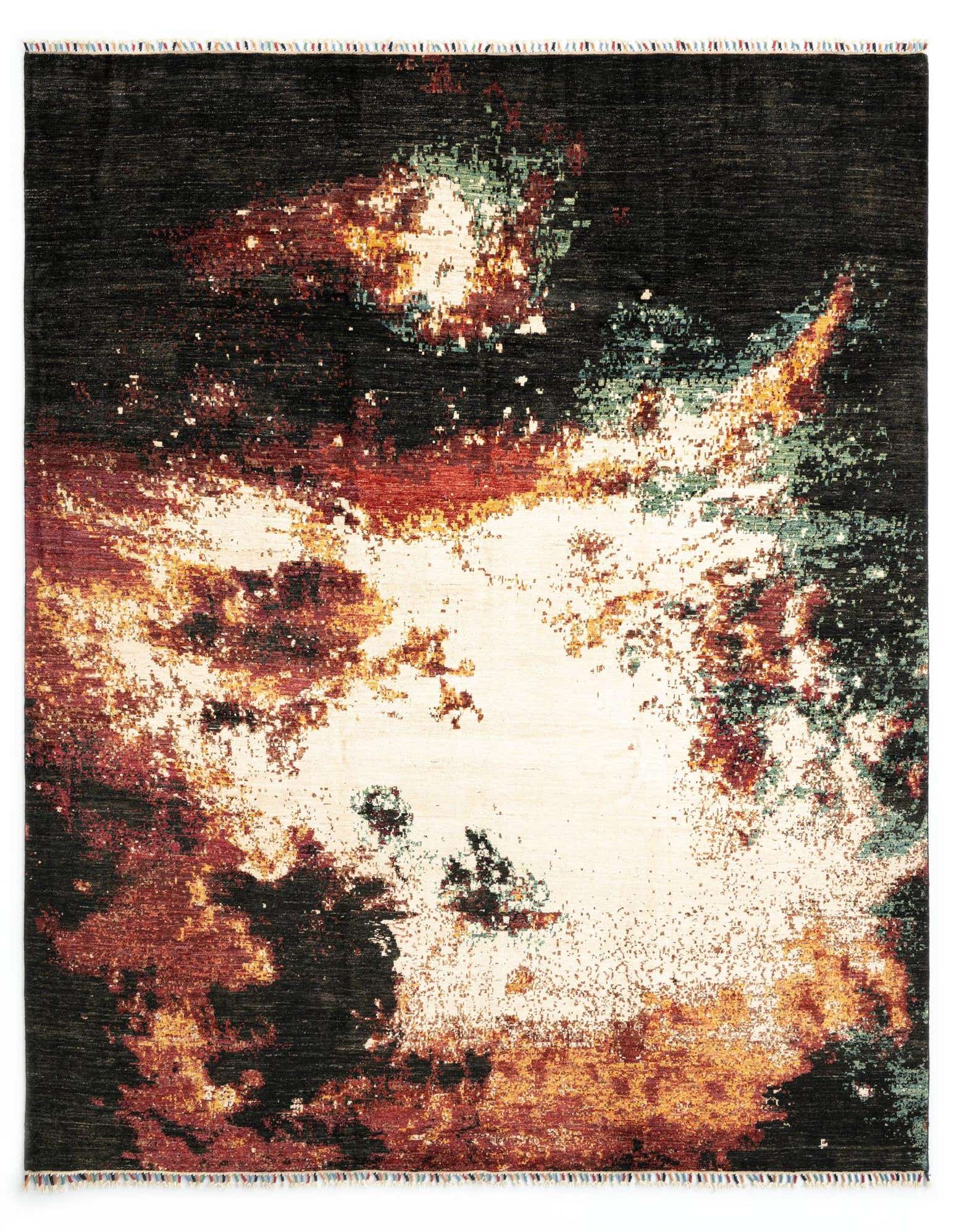 A rectangular 8x10 Rubin Collection wool rug featuring an abstract Persian pattern in black, cream, orange, and red tones.