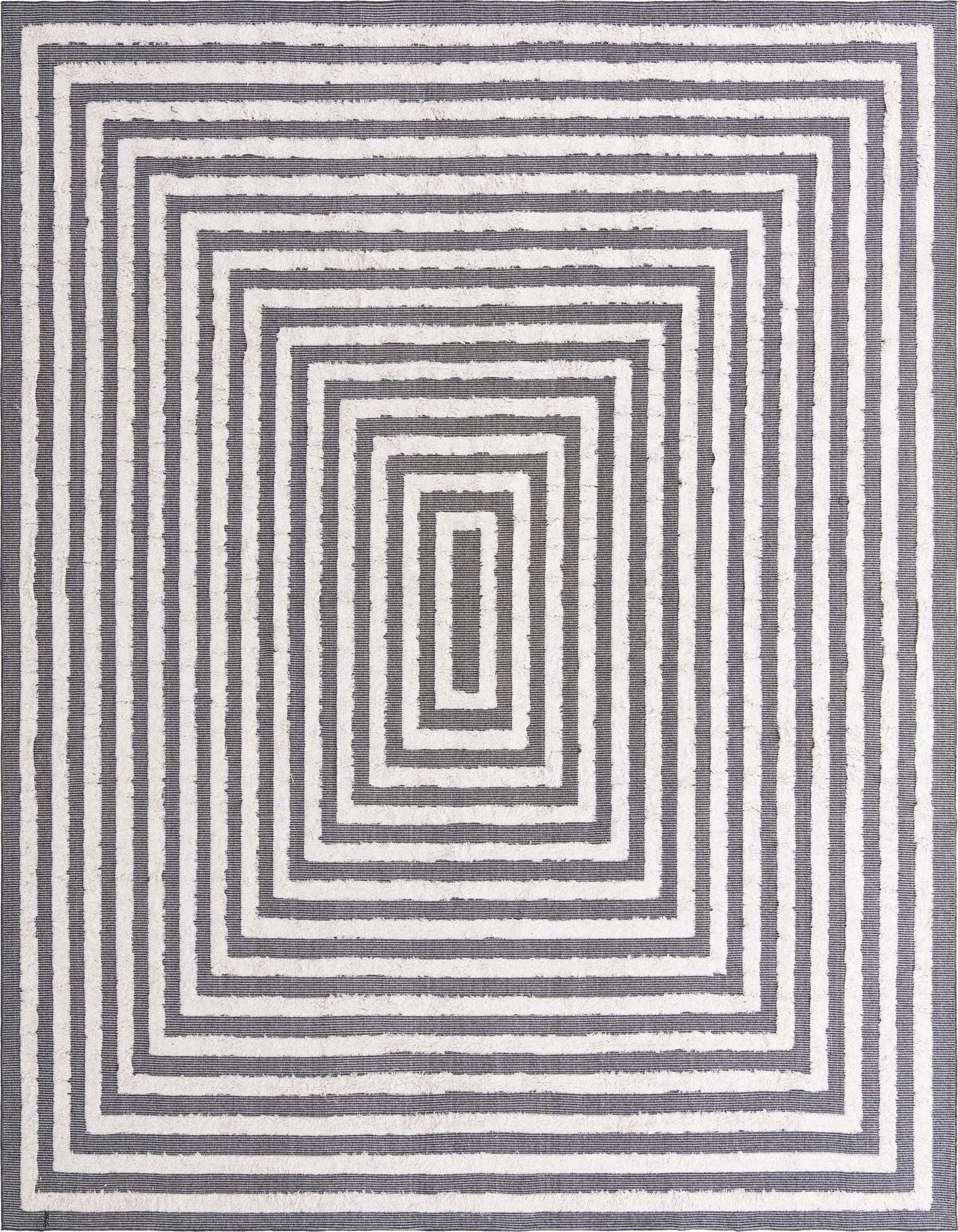 A 9x12 rectangular modern rug featuring a concentric square pattern in alternating black and off-white textured stripes.