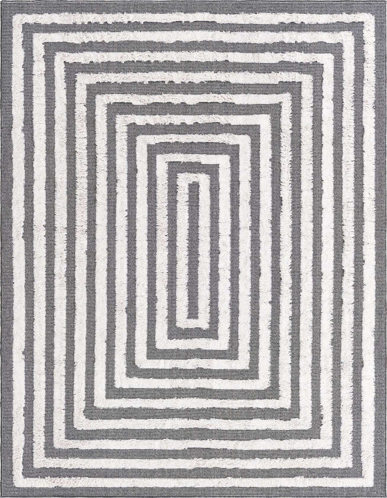 A 5x8 rectangular black and white modern rug with a textured concentric stripe pattern, ideal for a living room.