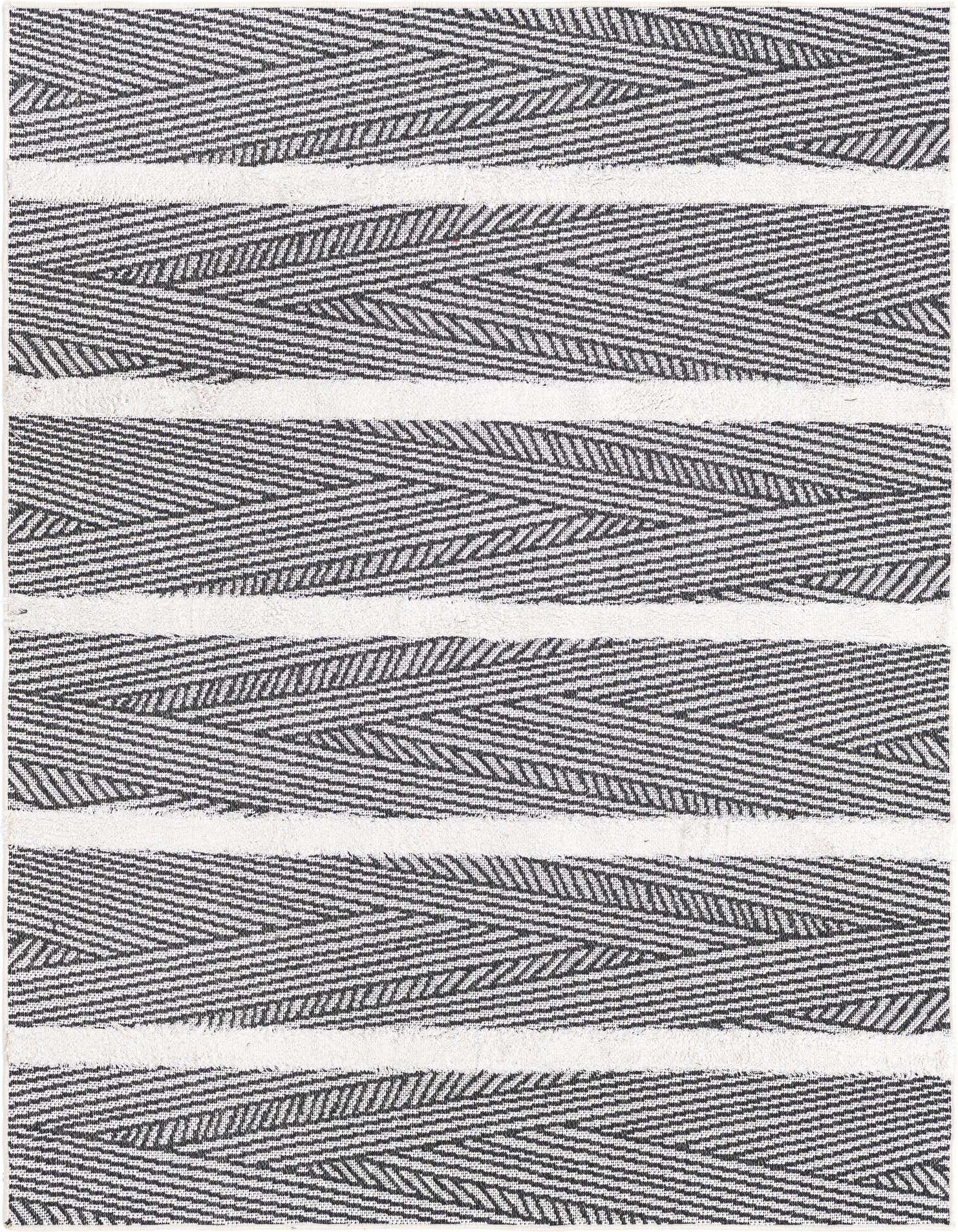 A 4x6 rectangular black and white modern striped rug with a textured, high pile, suitable for a living room.