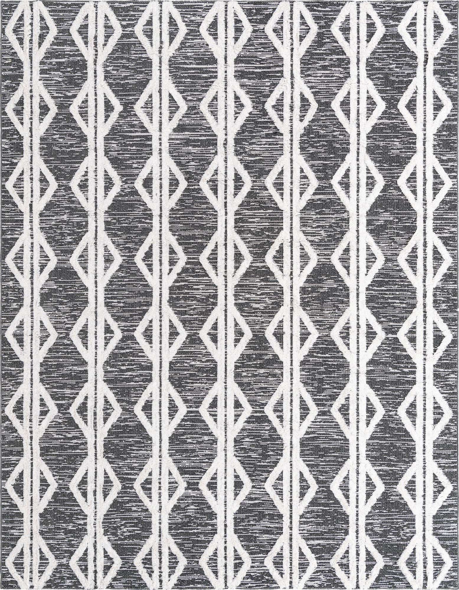 A rectangular 8x10 black and white tribal rug with a modern stripe and diamond pattern, suitable for a living room.