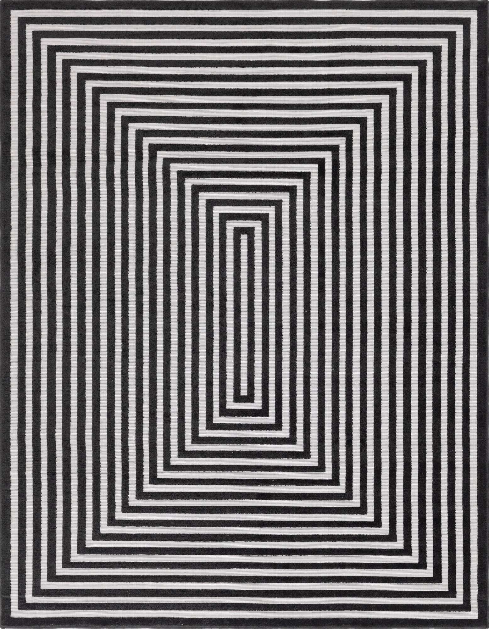 A 9x12 rectangular black and white modern rug with a bold, concentric striped pattern, suitable for indoor or outdoor use.