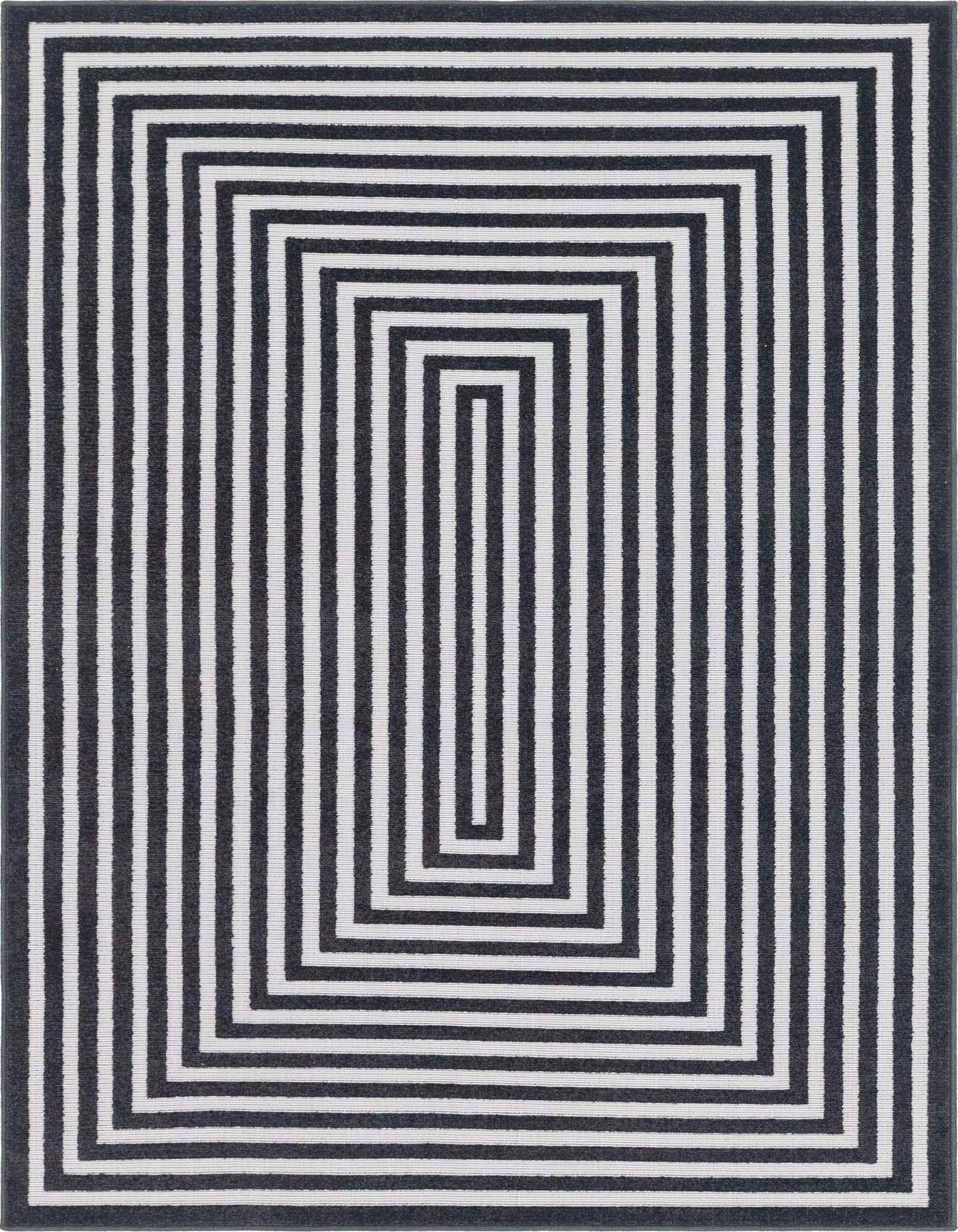 A 5x8 rectangular black and white striped rug featuring a modern concentric rectangle pattern, suitable for indoor or outdoor use.