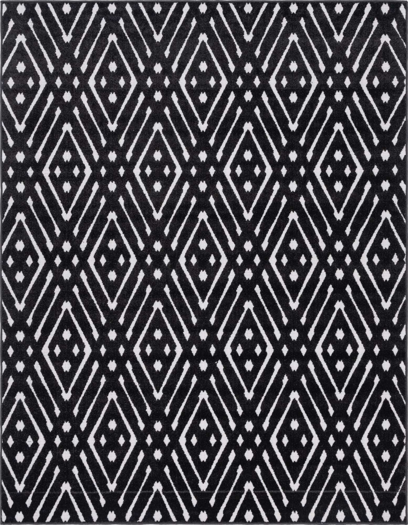 An 8x10 rectangular black and white rug with a modern tribal trellis pattern, featuring a high/low textured pile.