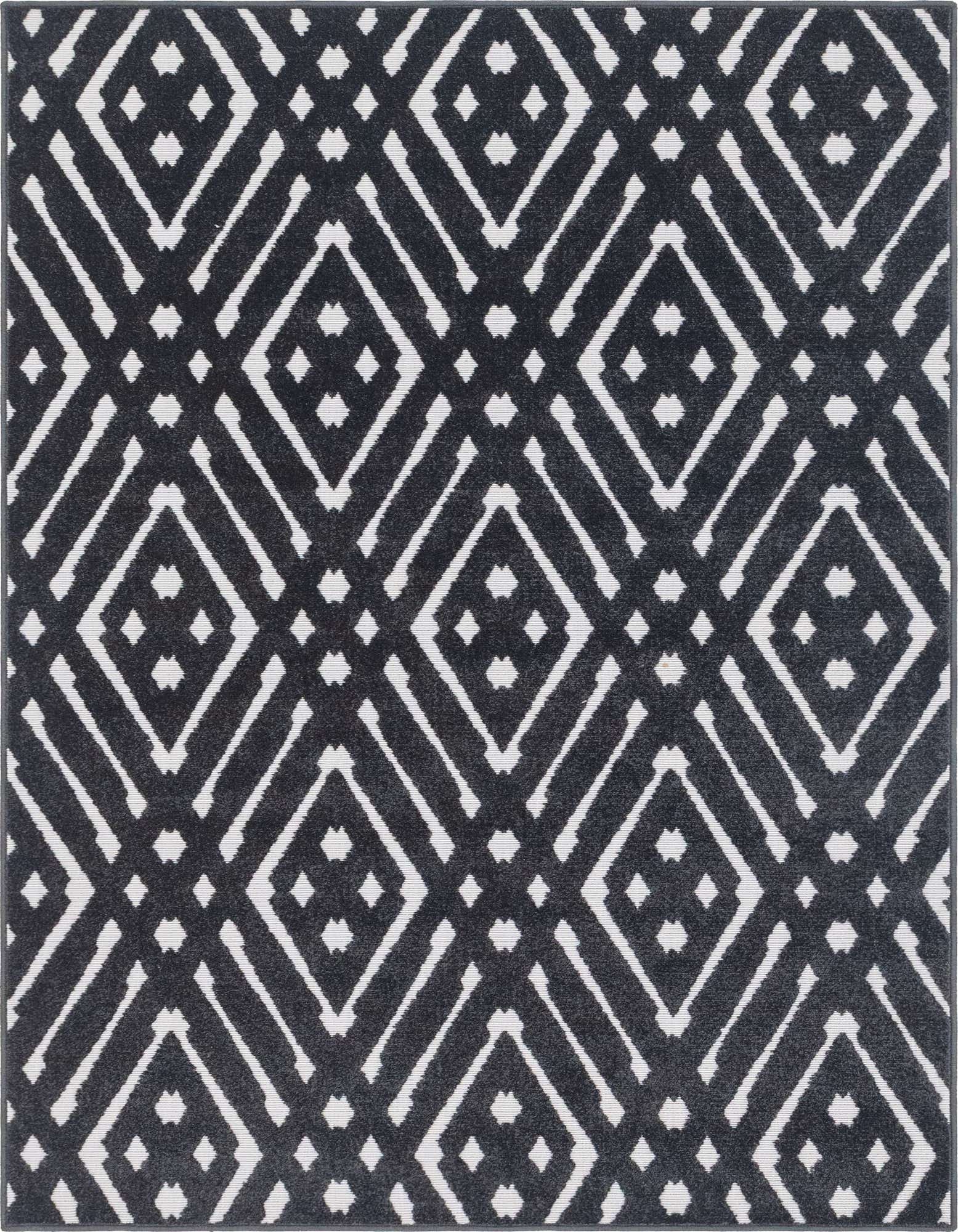A 5x8 rectangular black and white rug featuring a modern tribal trellis pattern, suitable for indoor or outdoor use.