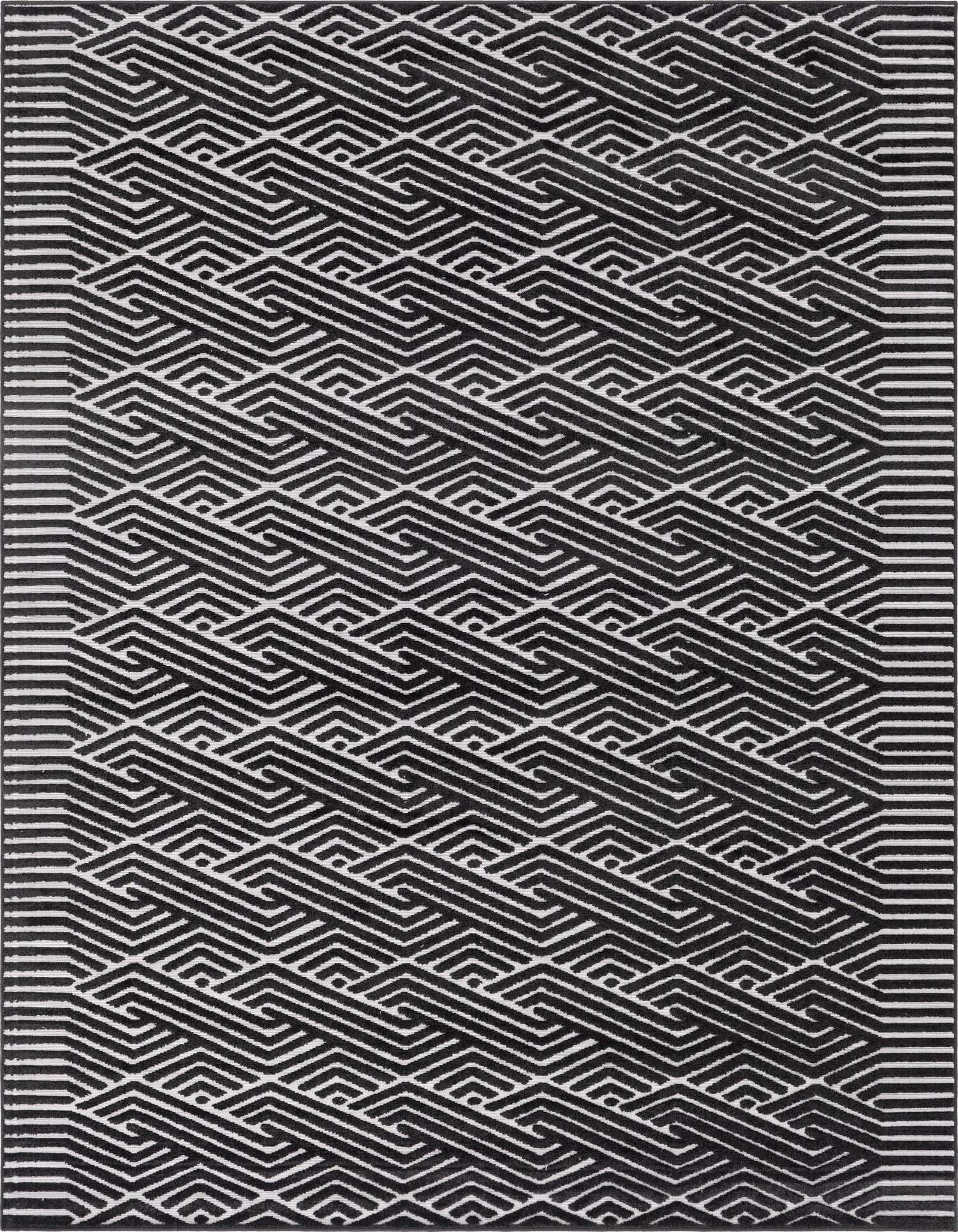 A 9x12 rectangular black and white tribal rug with a modern abstract pattern, suitable for indoor or outdoor use.