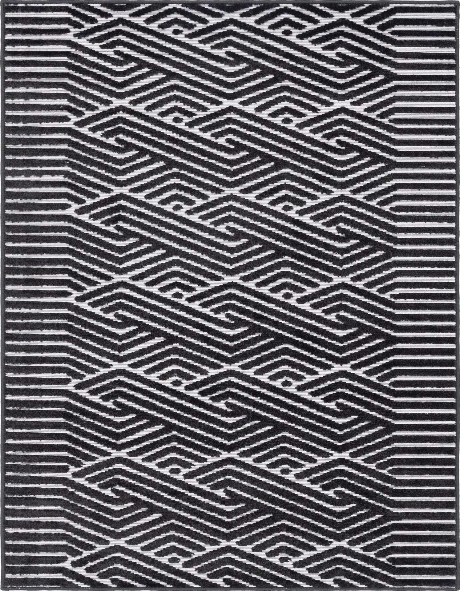 A 4x6 rectangular black and white tribal pattern rug with a high/low textured pile, suitable for indoor or outdoor use.