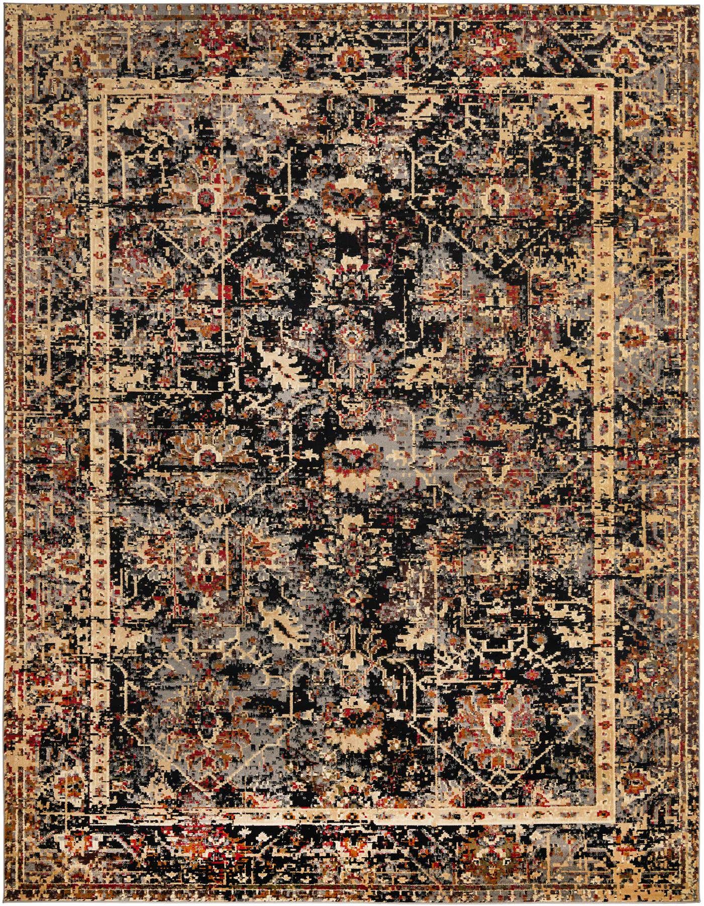 A 10x14 rectangular black area rug with a distressed traditional floral and tribal pattern in beige, gray, and red.