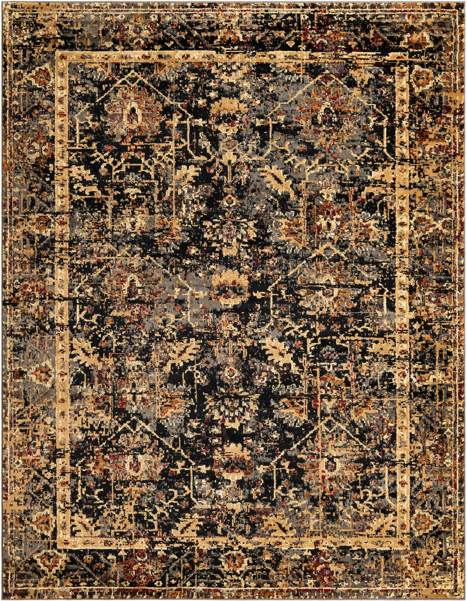 An 8x10 rectangular Saturn collection rug featuring a distressed traditional floral pattern in black, gold, and gray tones.