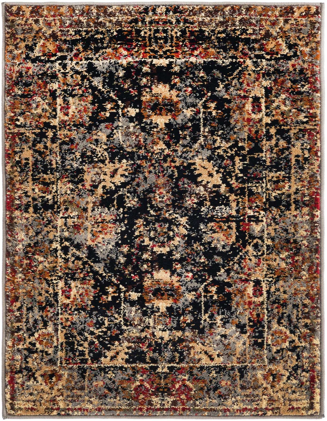 A 2x3 rectangular Rugs.com Saturn rug featuring a distressed traditional floral pattern in black, beige, grey, and red.