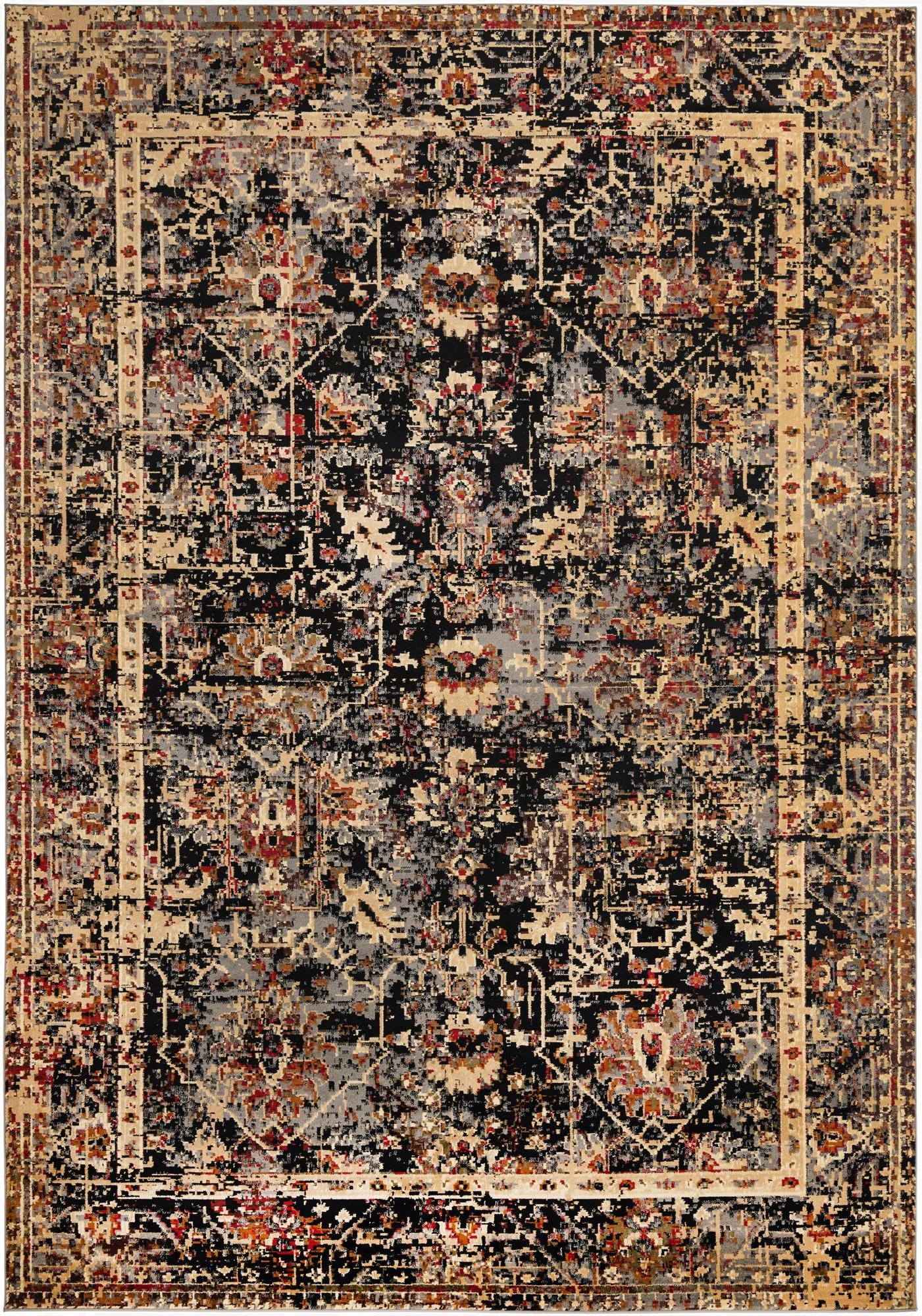 A 10x14 rectangular black area rug with a distressed traditional floral and tribal pattern in beige, gray, and red.
