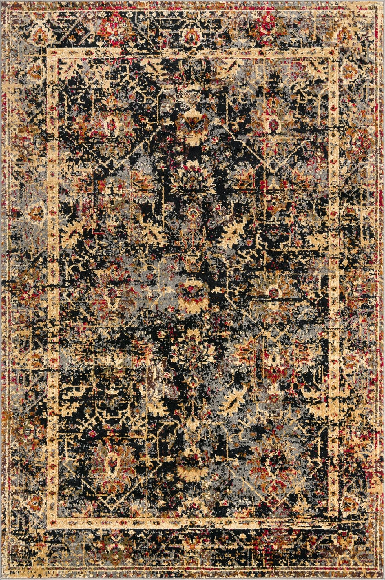 A 6x9 rectangular Rugs.com Saturn rug featuring a distressed black, grey, gold, and red traditional pattern with a border.
