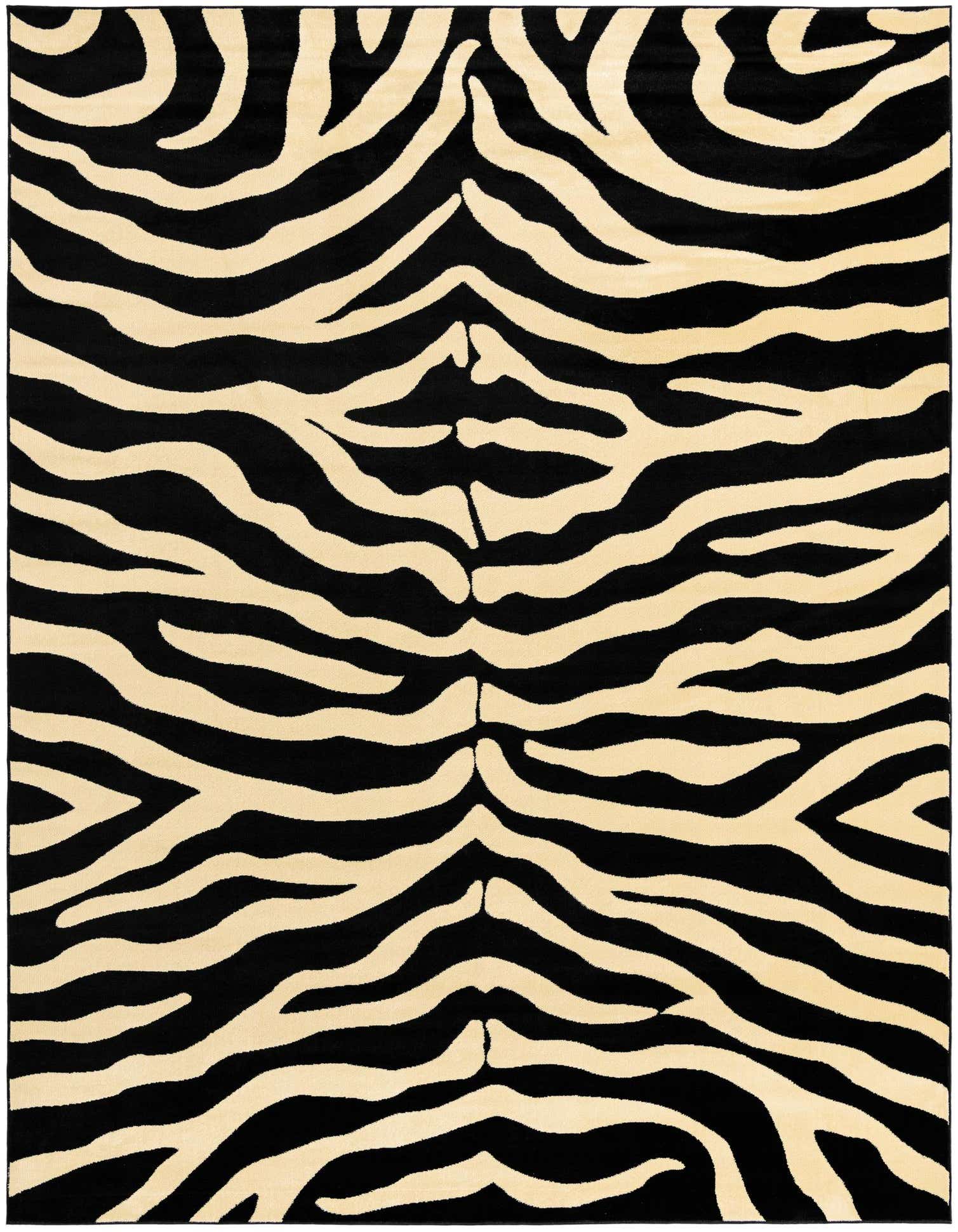 A 10x14 rectangular black and cream zebra print rug, featuring bold, wavy stripes, suitable for a modern living room or patio.