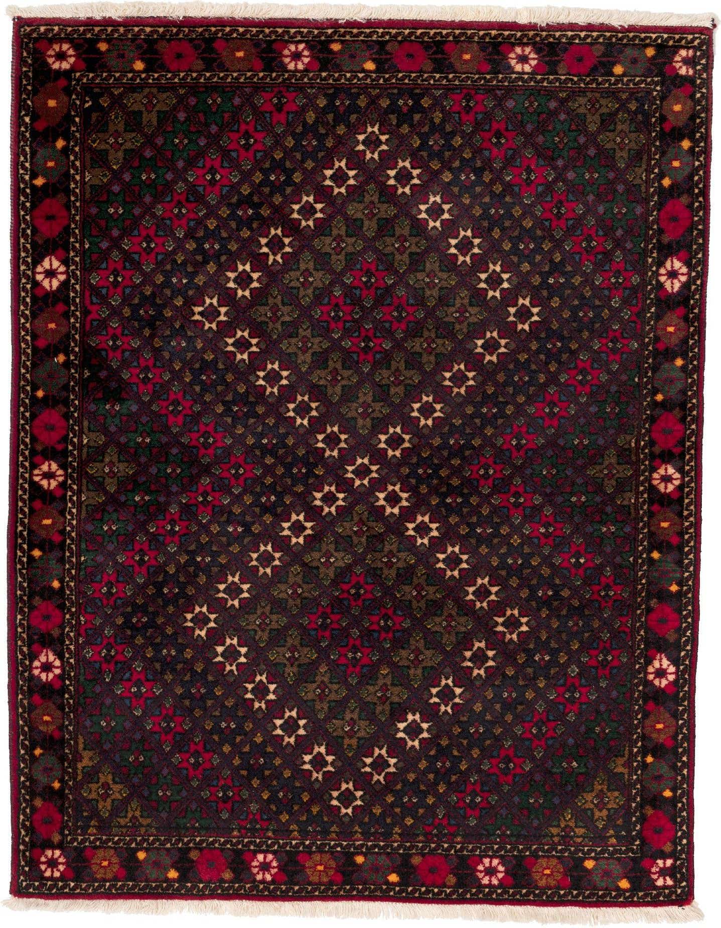 A 3x5 rectangular black wool rug with a traditional floral medallion pattern in red, green, and gold.