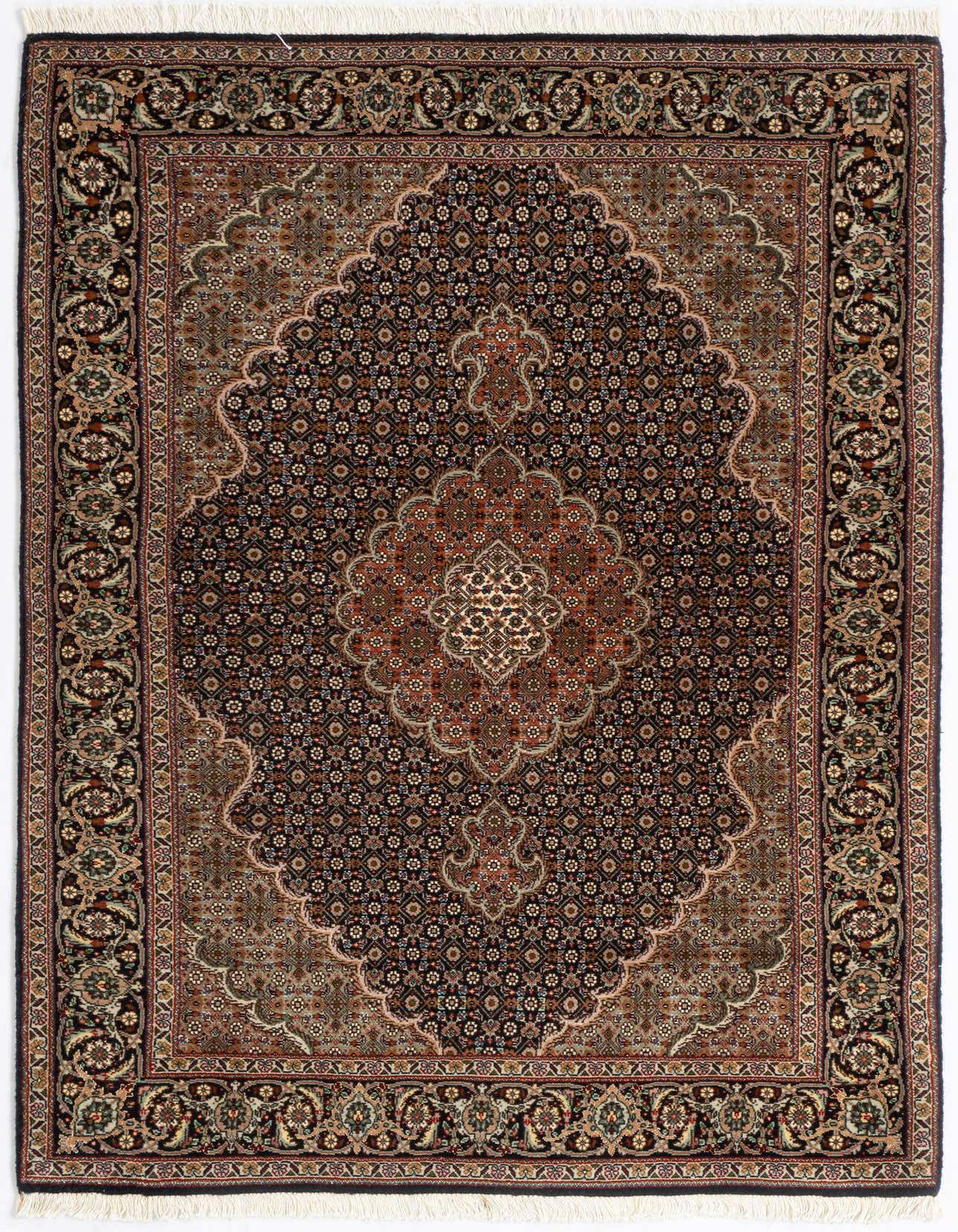 A 3x5 rectangular Tabriz Mahi Persian rug featuring a black field with intricate floral motifs and a central medallion in warm rust and cream tones, bordered by detailed patterns.