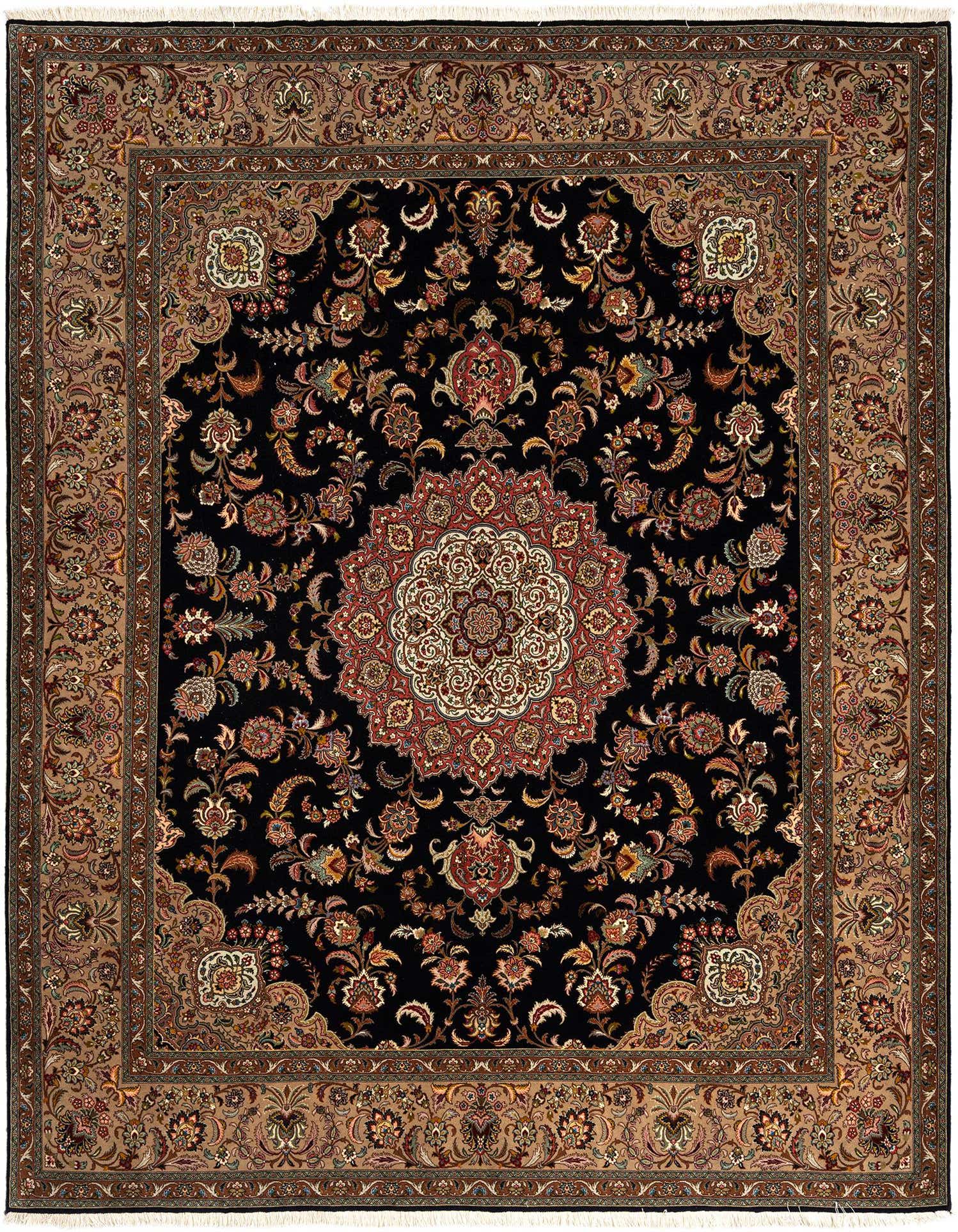 An 8x11 rectangular black Persian rug with an intricate floral medallion design and a detailed tan border.