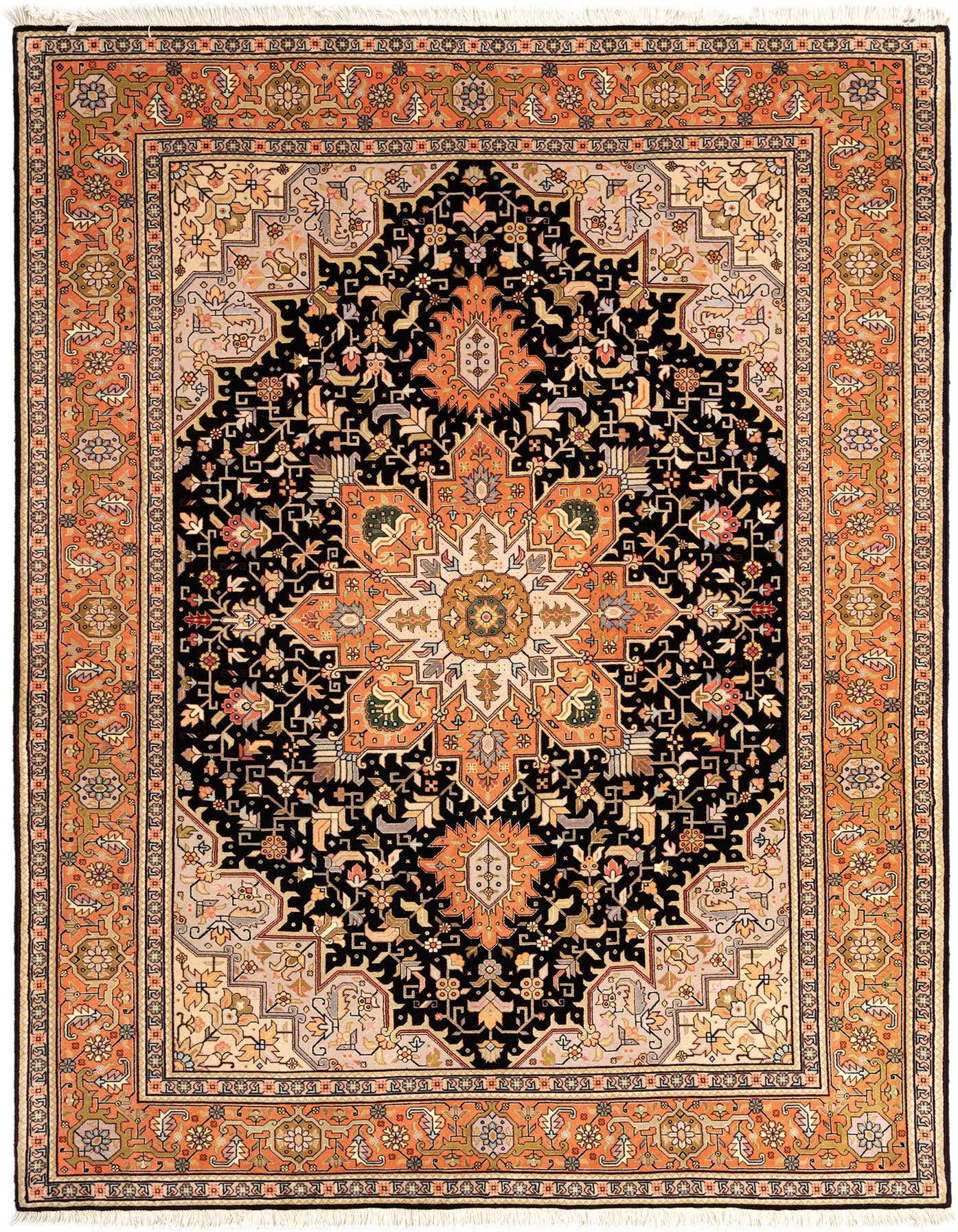A 4x6 rectangular Tabriz Persian rug with a black central medallion and field, bordered by intricate orange and cream floral patterns.