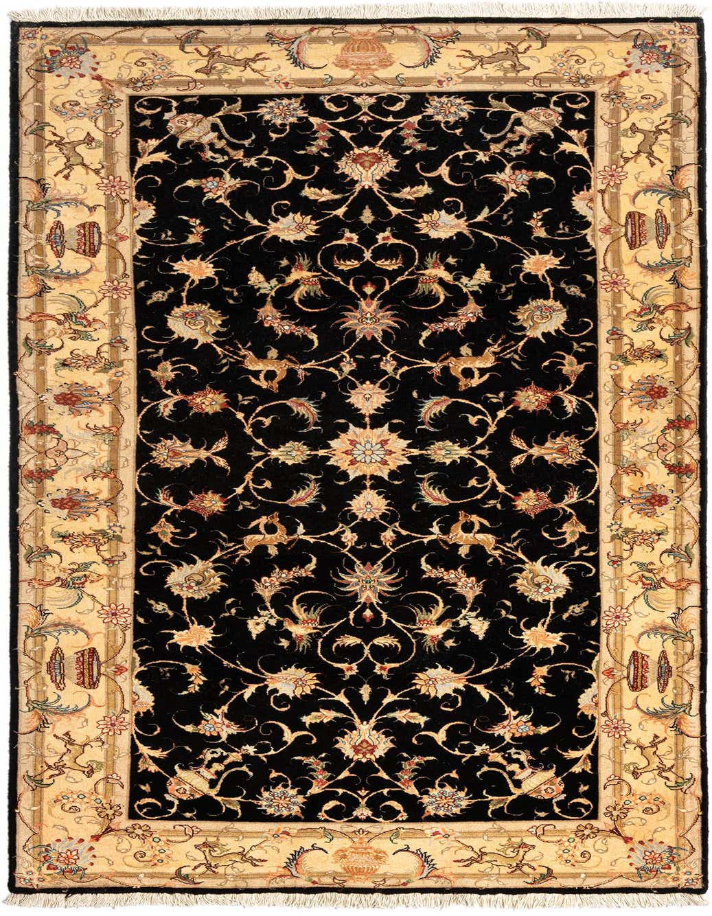 A 3x5 rectangular black Persian rug with an intricate floral and vine pattern and a light gold border.