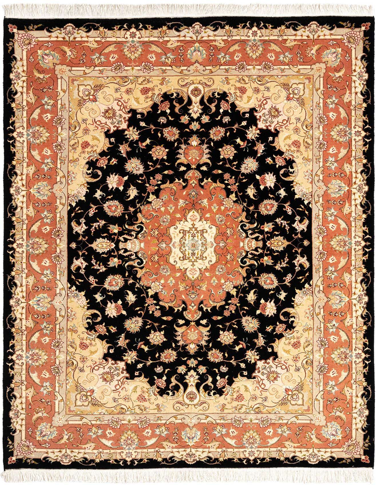 A 5x8 rectangular black Persian rug with an intricate floral medallion pattern in black, terracotta, and cream, featuring white fringe.