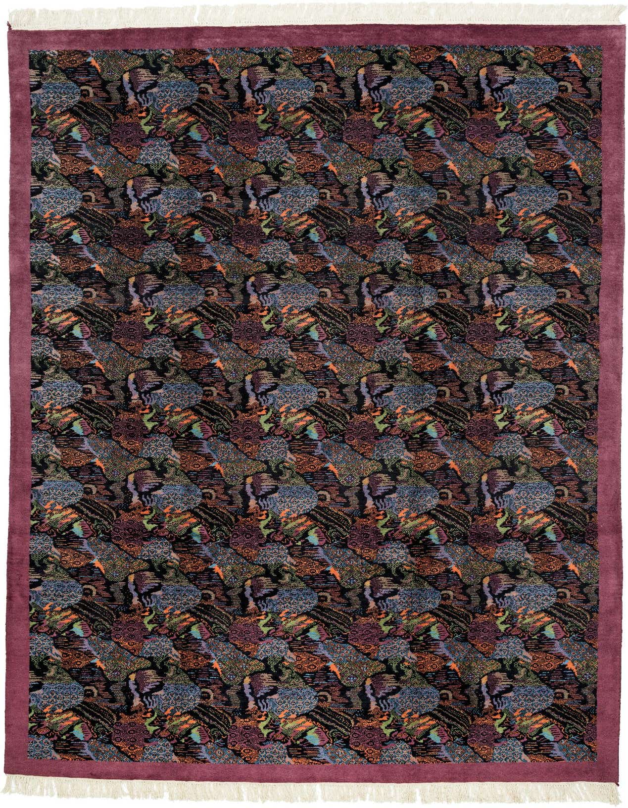 A 6x9 rectangular Tibet Collection rug with a black field, featuring a vibrant, multi-colored modern oriental pattern and a solid plum border with white fringe.