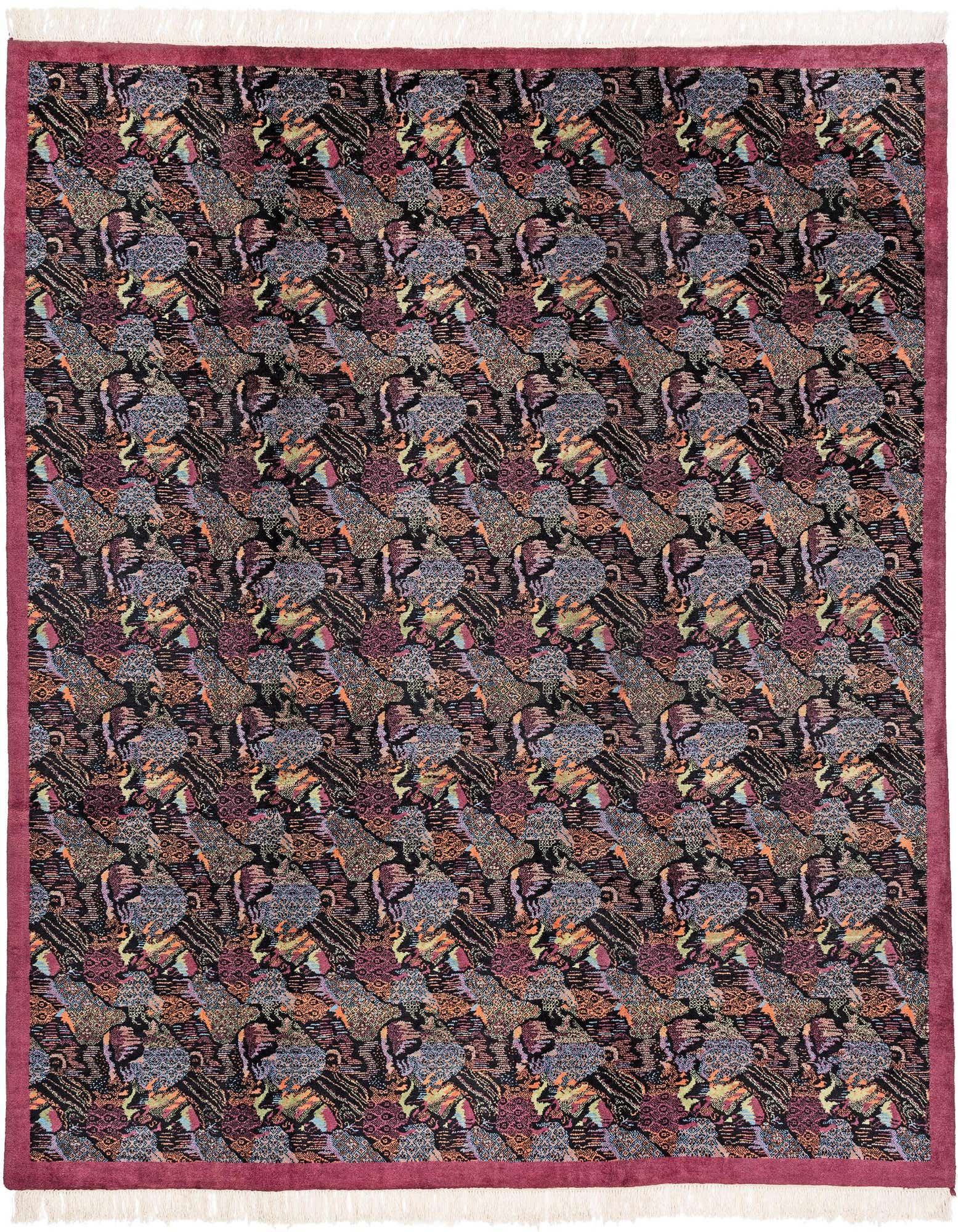 An 8x10 rectangular black modern oriental wool rug with a vibrant, abstract pattern and a deep red border, suitable for a living room.