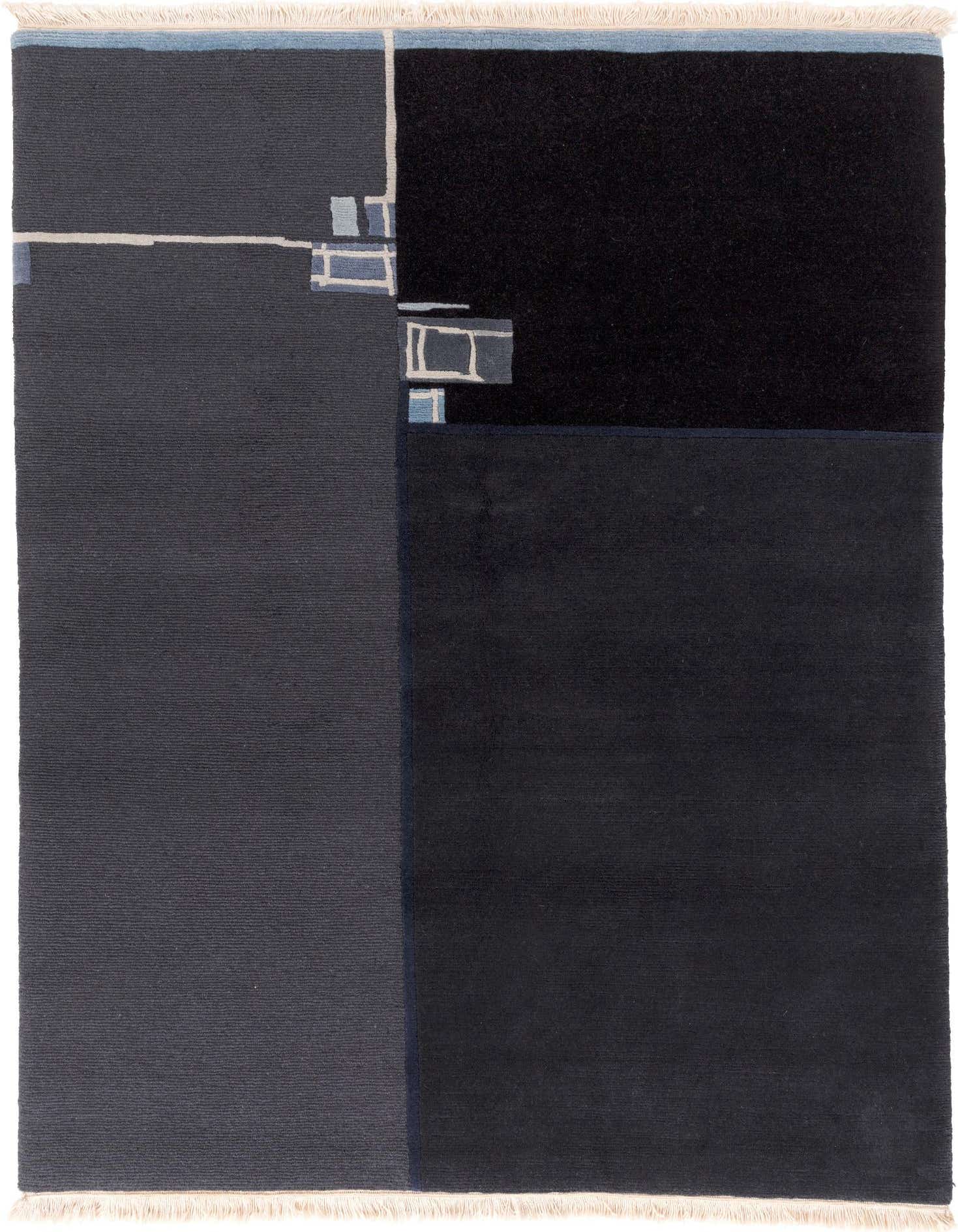 A 5x7 rectangular modern abstract rug with varying shades of black and charcoal, featuring subtle light blue and white geometric lines.