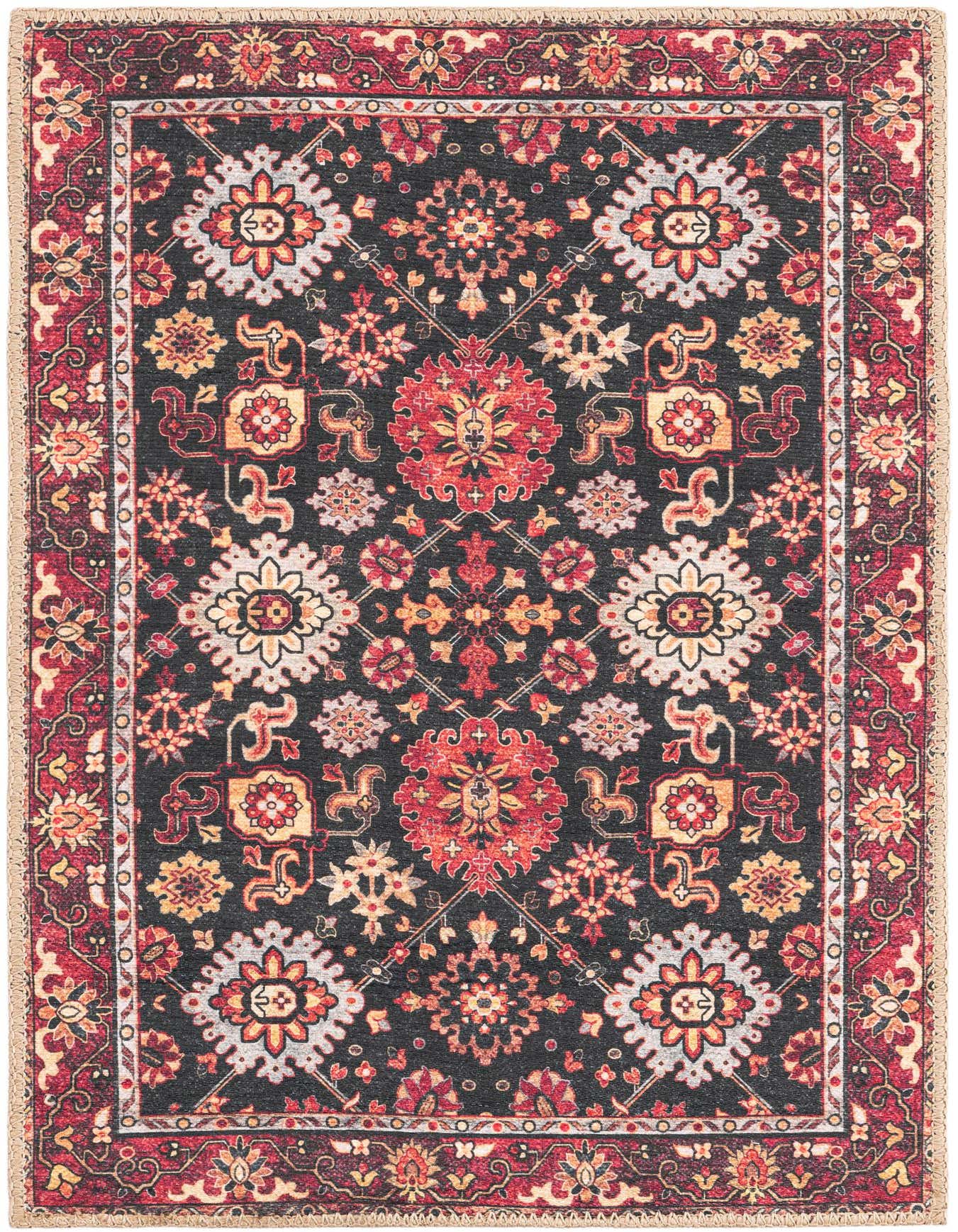 A 2x3 rectangular black Oriental rug with intricate red, orange, and cream medallion patterns and a matching border.