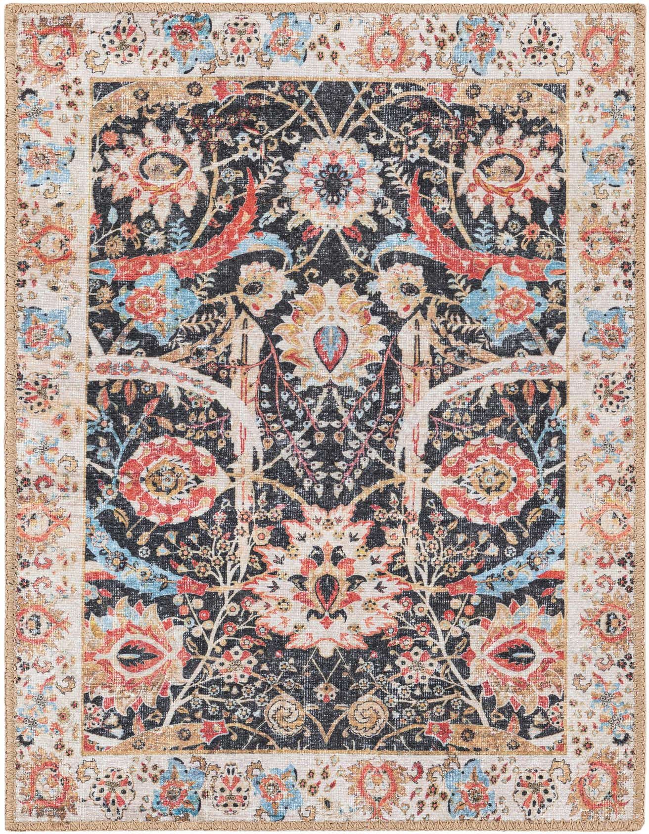 A 2x3 rectangular black rug with a distressed traditional floral pattern in red, blue, and gold, featuring a light border.