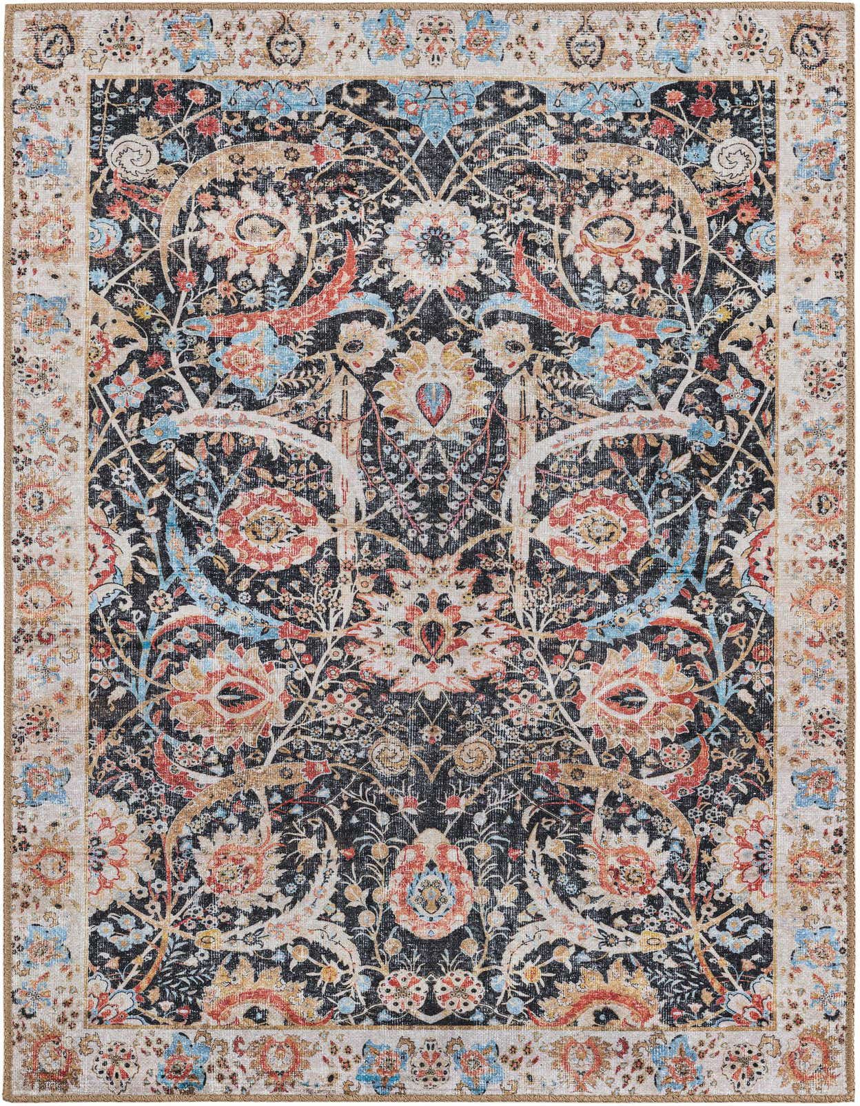 A 3x5 rectangular black rug with an intricate, distressed floral and medallion pattern in shades of red, blue, and cream, featuring a decorative border.