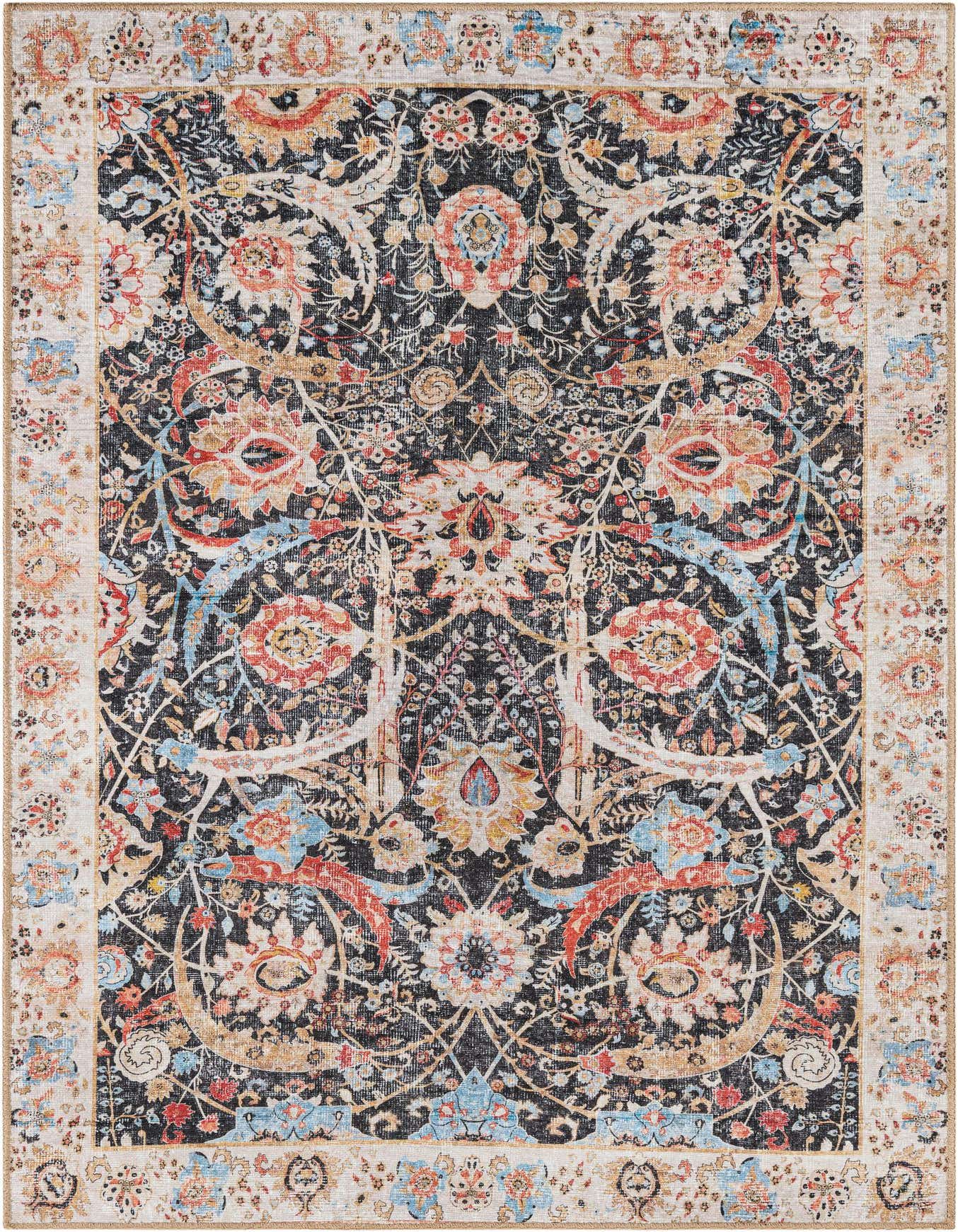 A 4x6 rectangular black traditional rug with an ornate floral pattern in red, blue, and gold, featuring a light border.