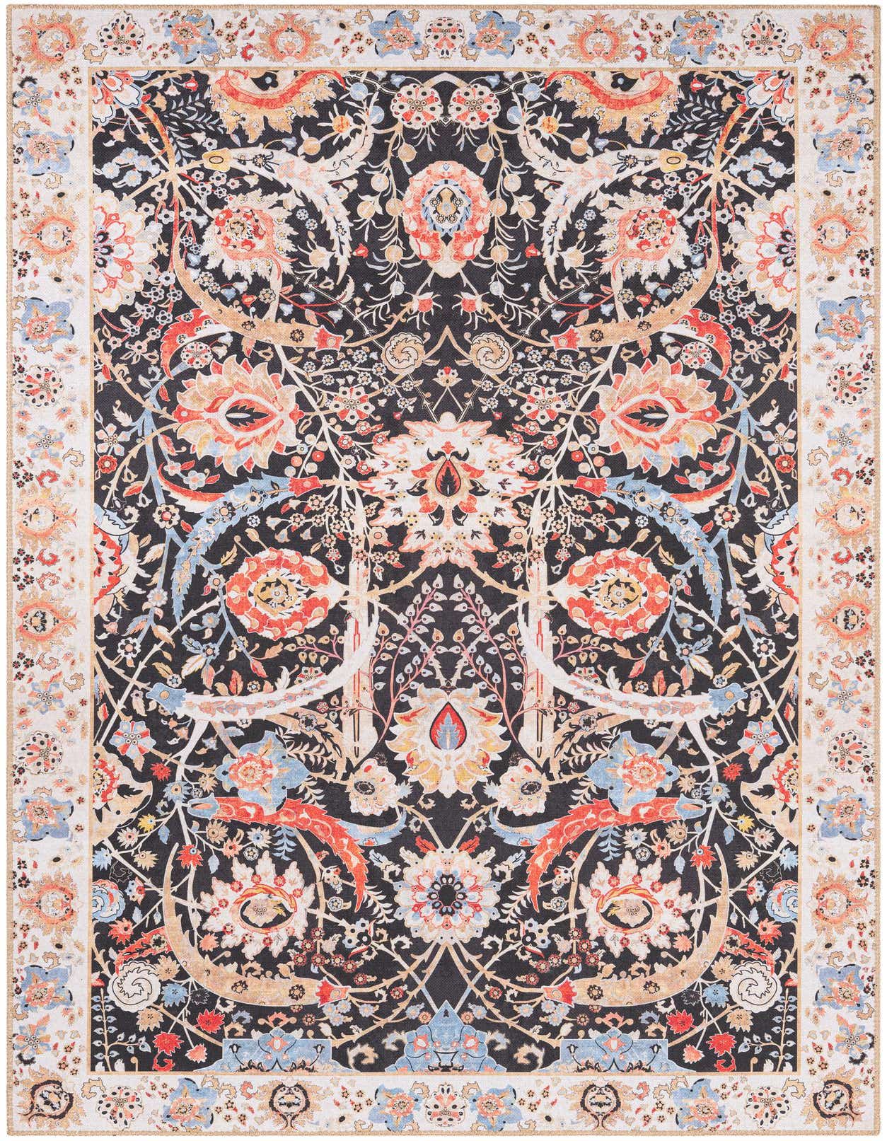 A 5x8 rectangular black rug with an intricate traditional floral pattern in shades of red, blue, and cream, featuring a light border.