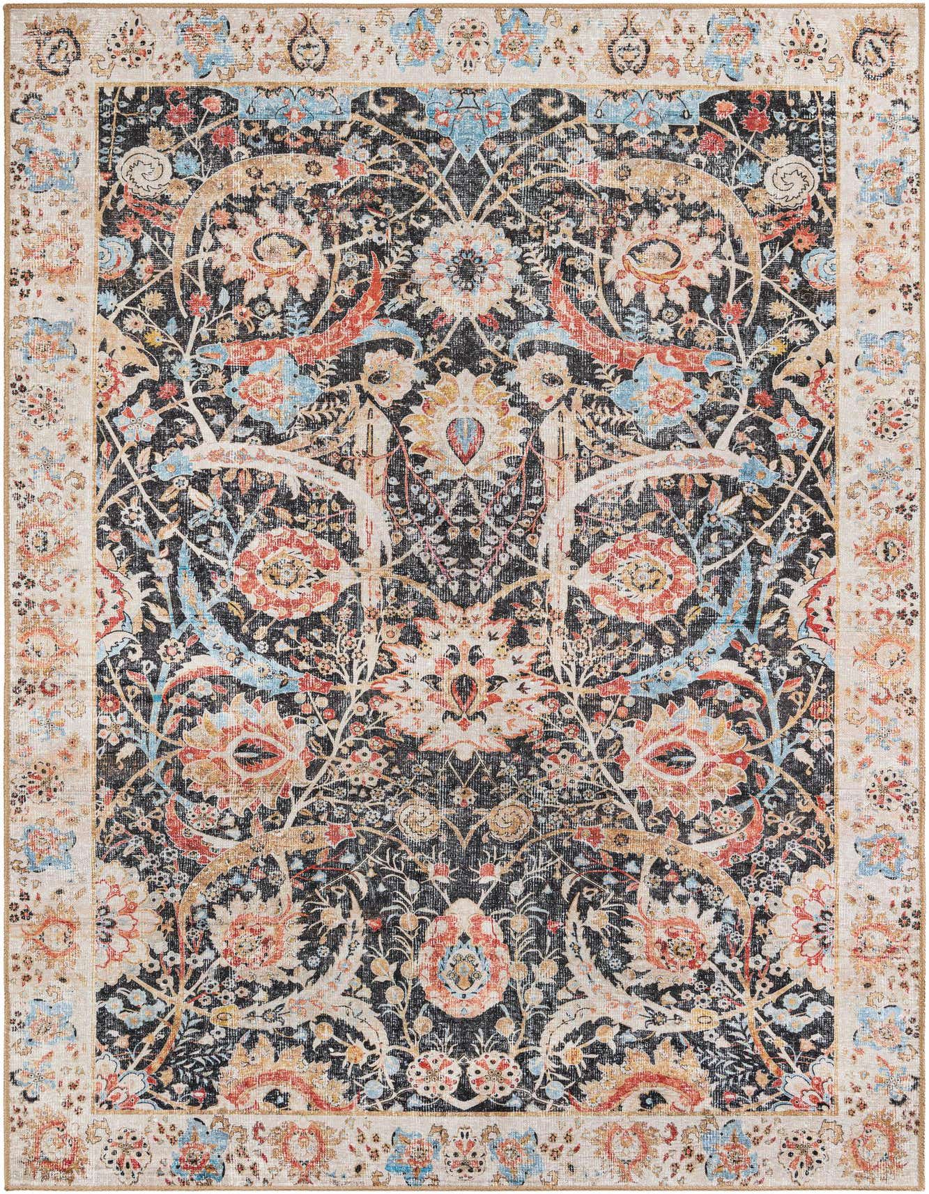 A 6x9 rectangular Timeless collection rug featuring a black field with a distressed floral and botanical pattern in cream, rust, and blue, framed by a cream border.
