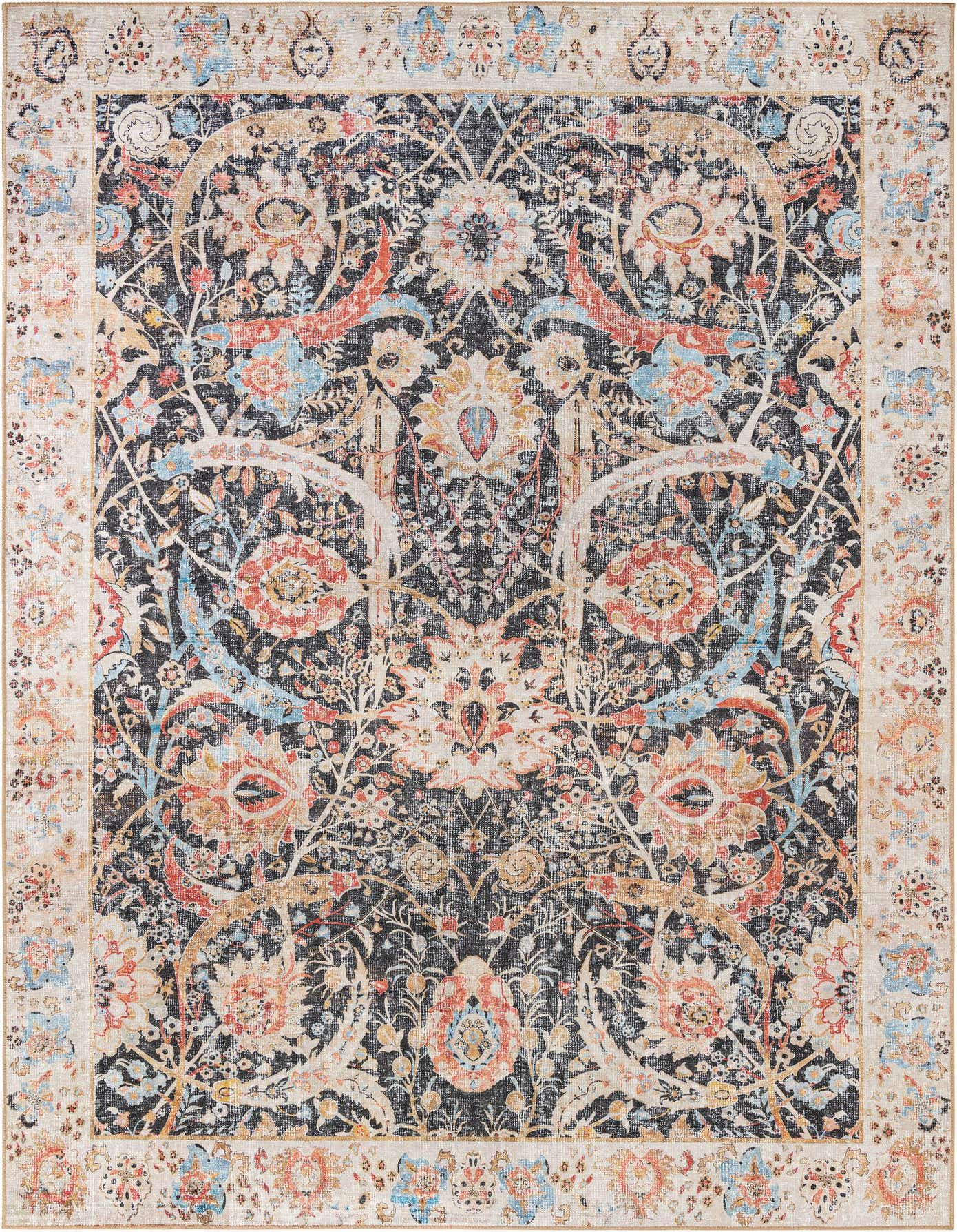 An 8x12 rectangular black rug with a distressed traditional floral pattern in shades of coral, blue, and beige, featuring a light border.