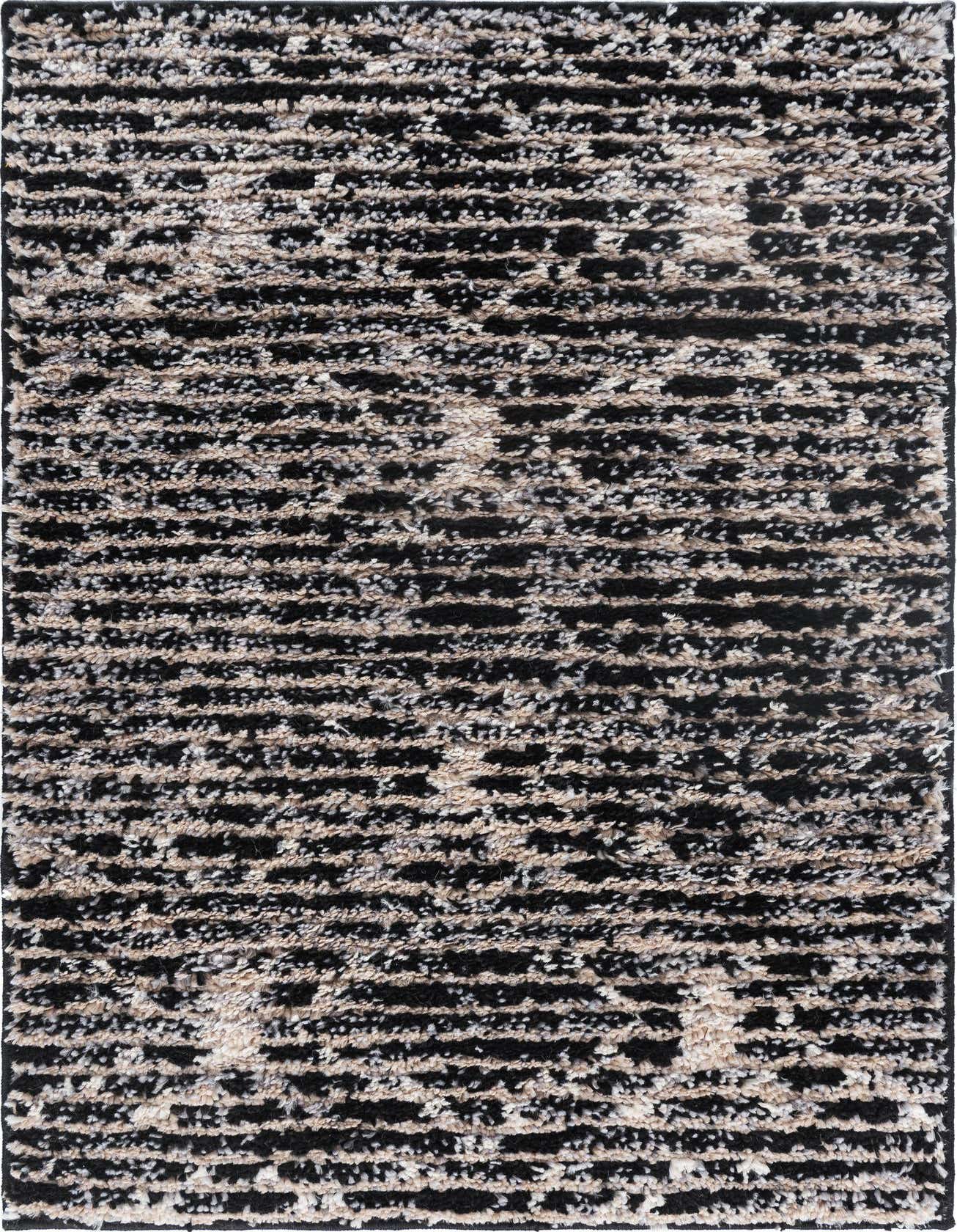 2x3 rectangular black and beige shag rug with a modern striped pattern and high, textured pile.