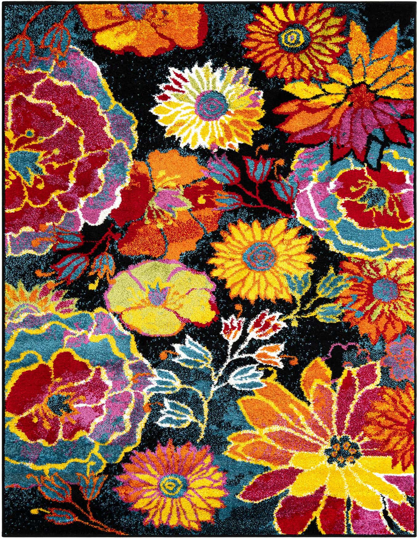 A vibrant 4x6 rectangular rug with a black background and a bold, colorful floral pattern featuring large red, yellow, orange, and blue flowers.