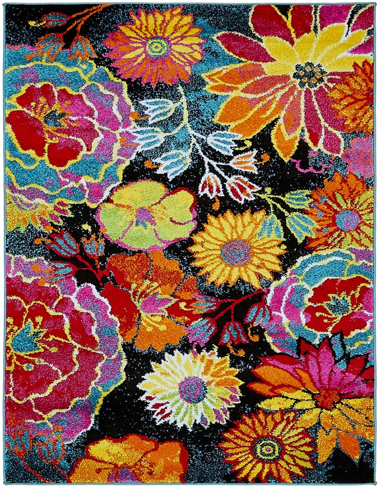 A vibrant 3x5 rectangular rug with a black background and a bold, colorful floral pattern featuring red, pink, yellow, orange, and blue flowers.