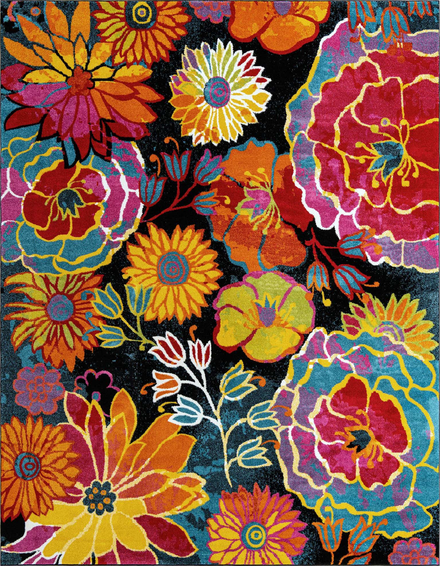 A 10x13 rectangular black rug with a vibrant, oversized floral pattern in red, yellow, orange, pink, and teal.