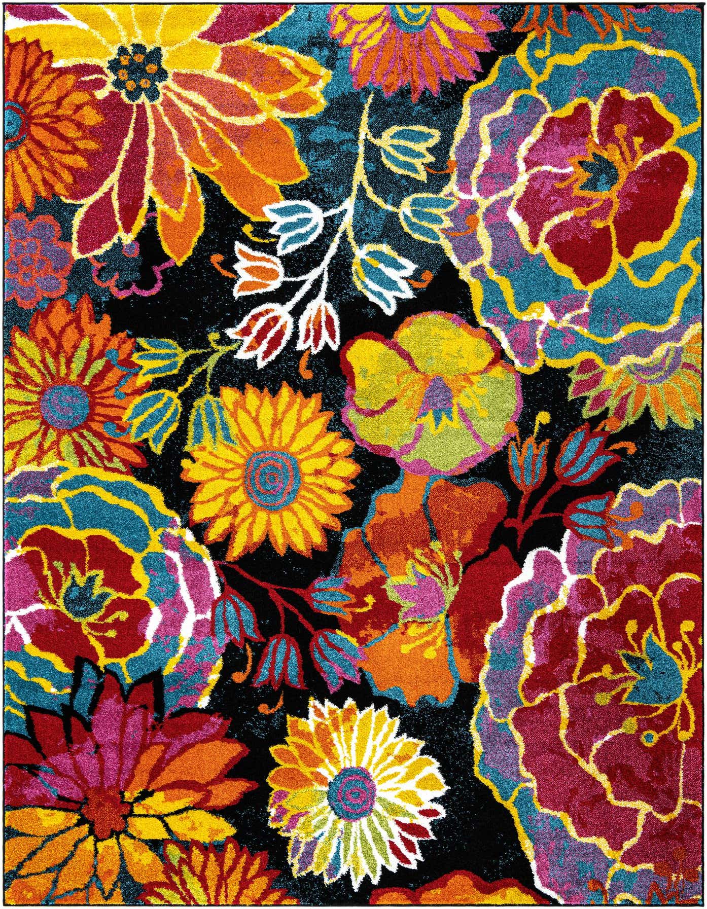 A vibrant 7x10 rectangular area rug with a modern floral pattern on a black background, featuring large blooms in red, orange, yellow, pink, and blue.
