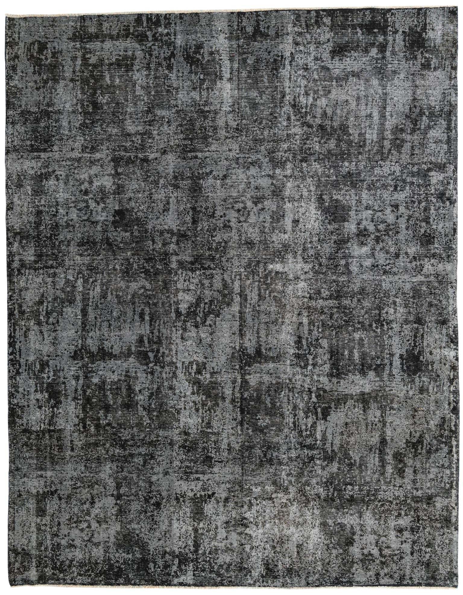 A rectangular 8x11 black and grey abstract area rug with a vintage, distressed look, suitable for a living room.