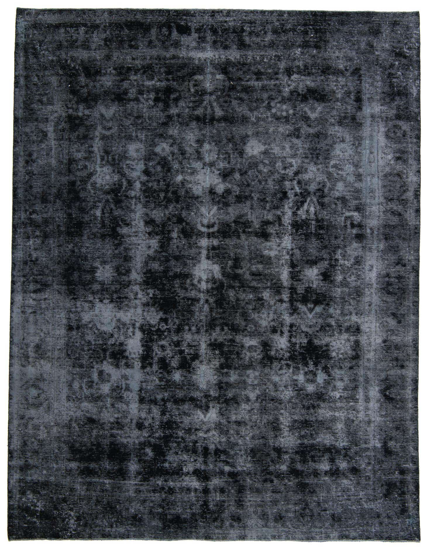 A large 9x12 rectangular black and gray distressed Persian-style wool rug with a subtle vintage pattern.