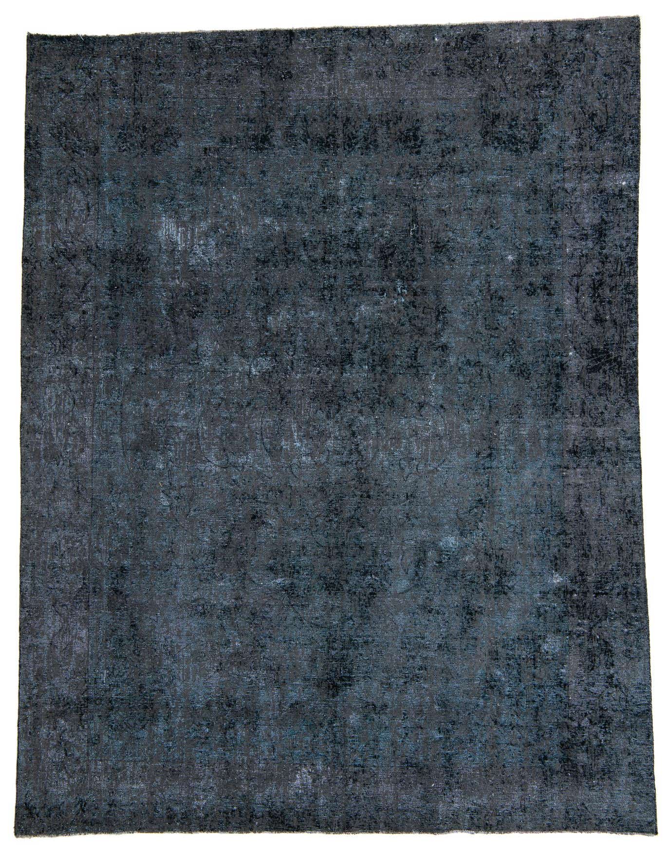 A rectangular 8x11 black wool area rug with a subtle distressed Persian pattern, suitable for a living room.