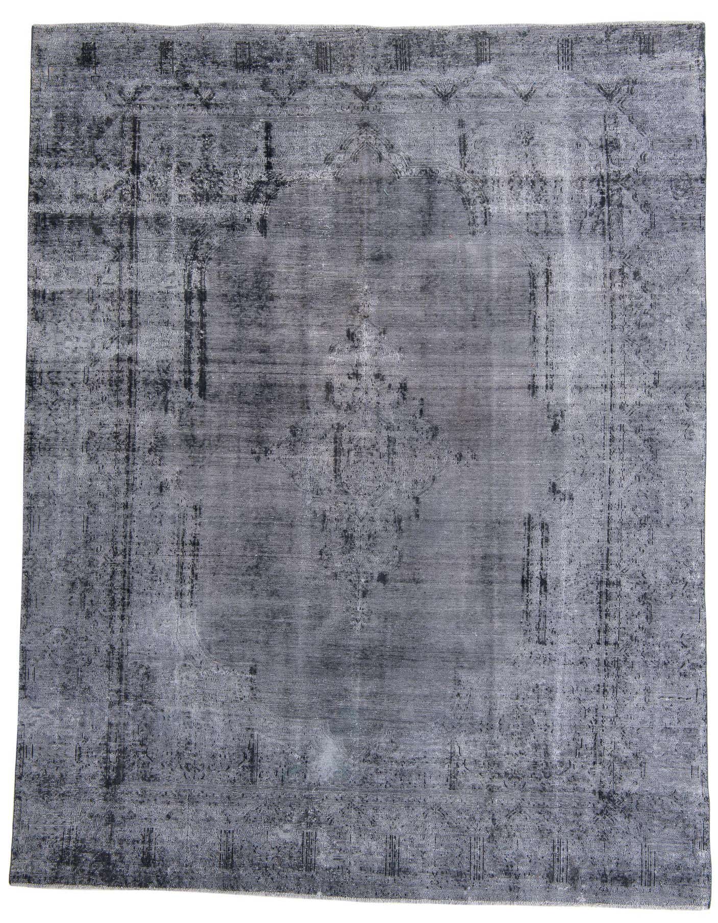 A 9x12 rectangular black Persian-style wool rug with a faded vintage medallion pattern, suitable for a living room.