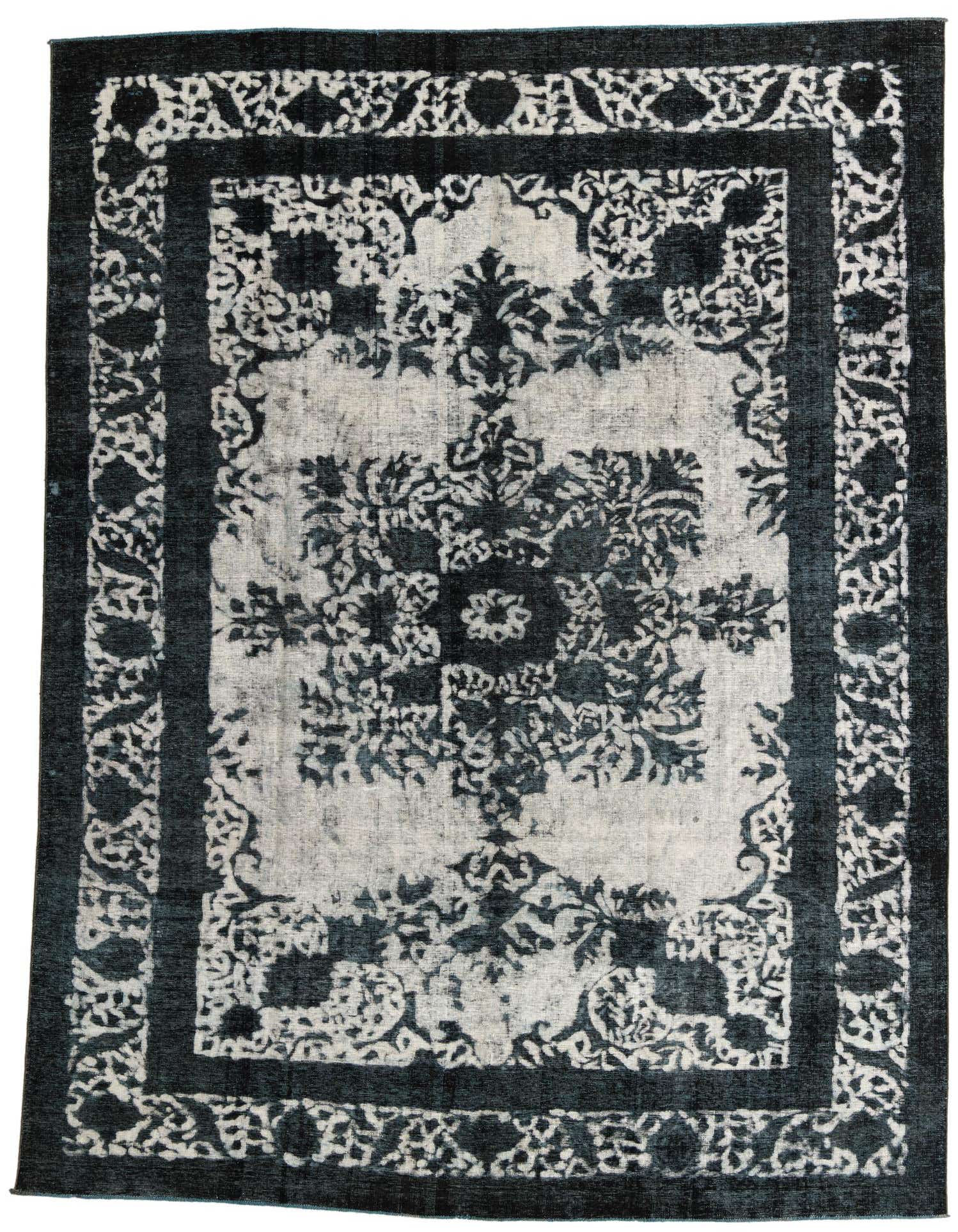 A 9x12 rectangular black and white Persian-style rug with a distressed floral medallion pattern and ornate border.