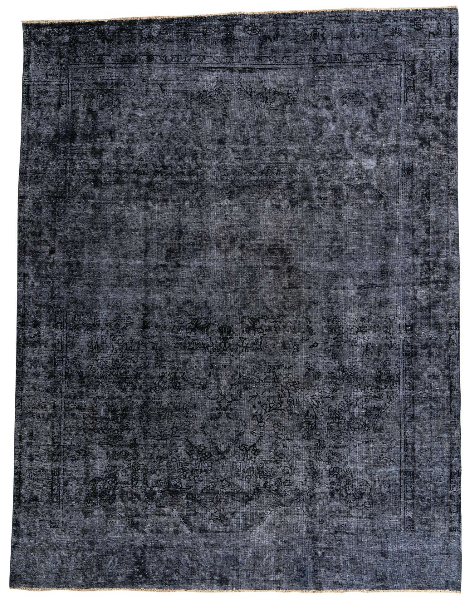 A large 10x13 rectangular black wool rug with a faded Persian medallion and border pattern, suitable for a living room.