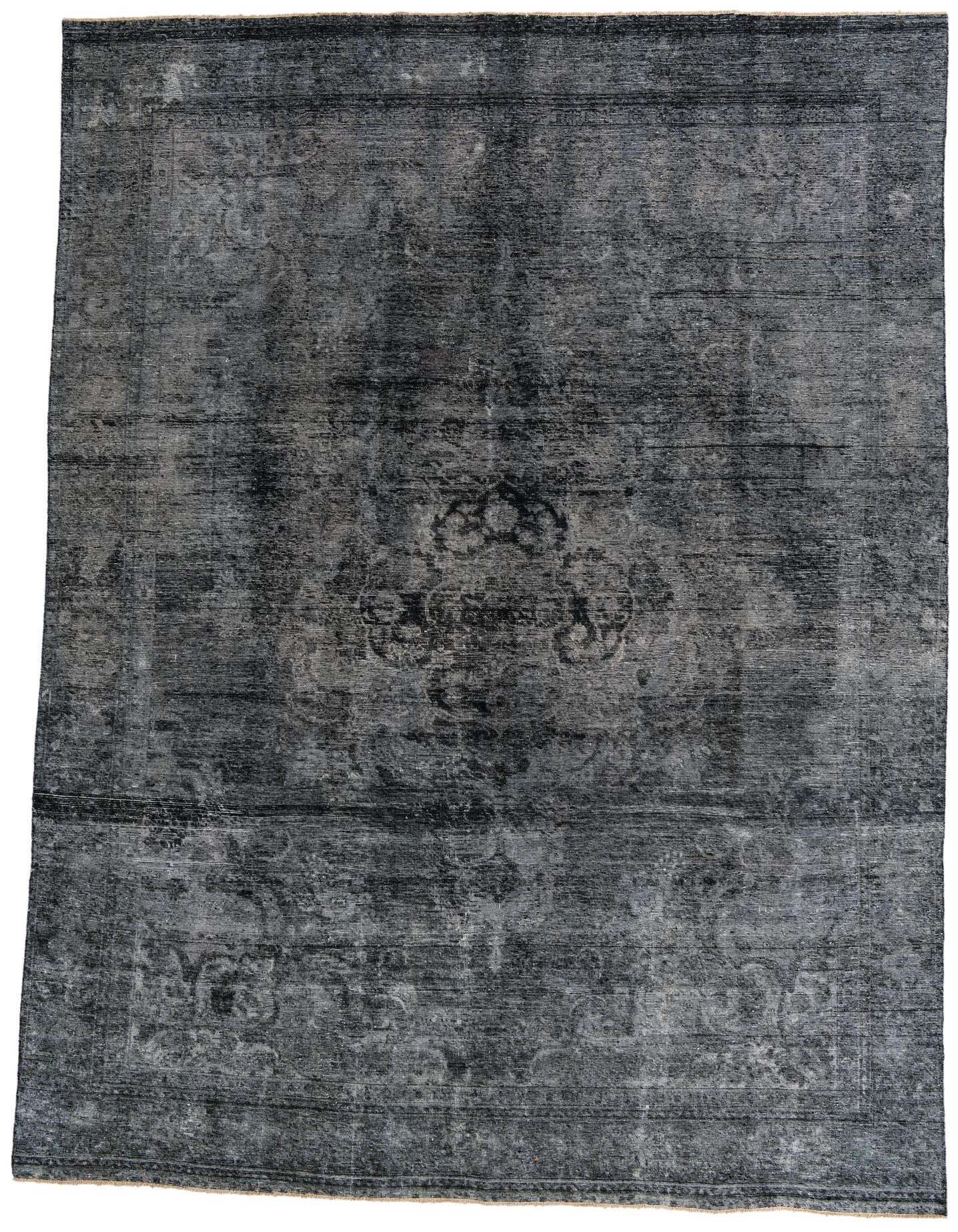 A 9x12 rectangular black wool rug with a faded Persian medallion pattern, suitable for a living room.