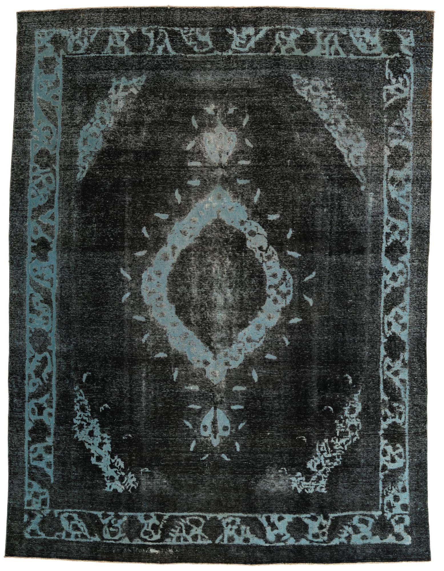 An 8x11 rectangular black area rug with a faded light blue Persian medallion and border pattern, suitable for a living room.