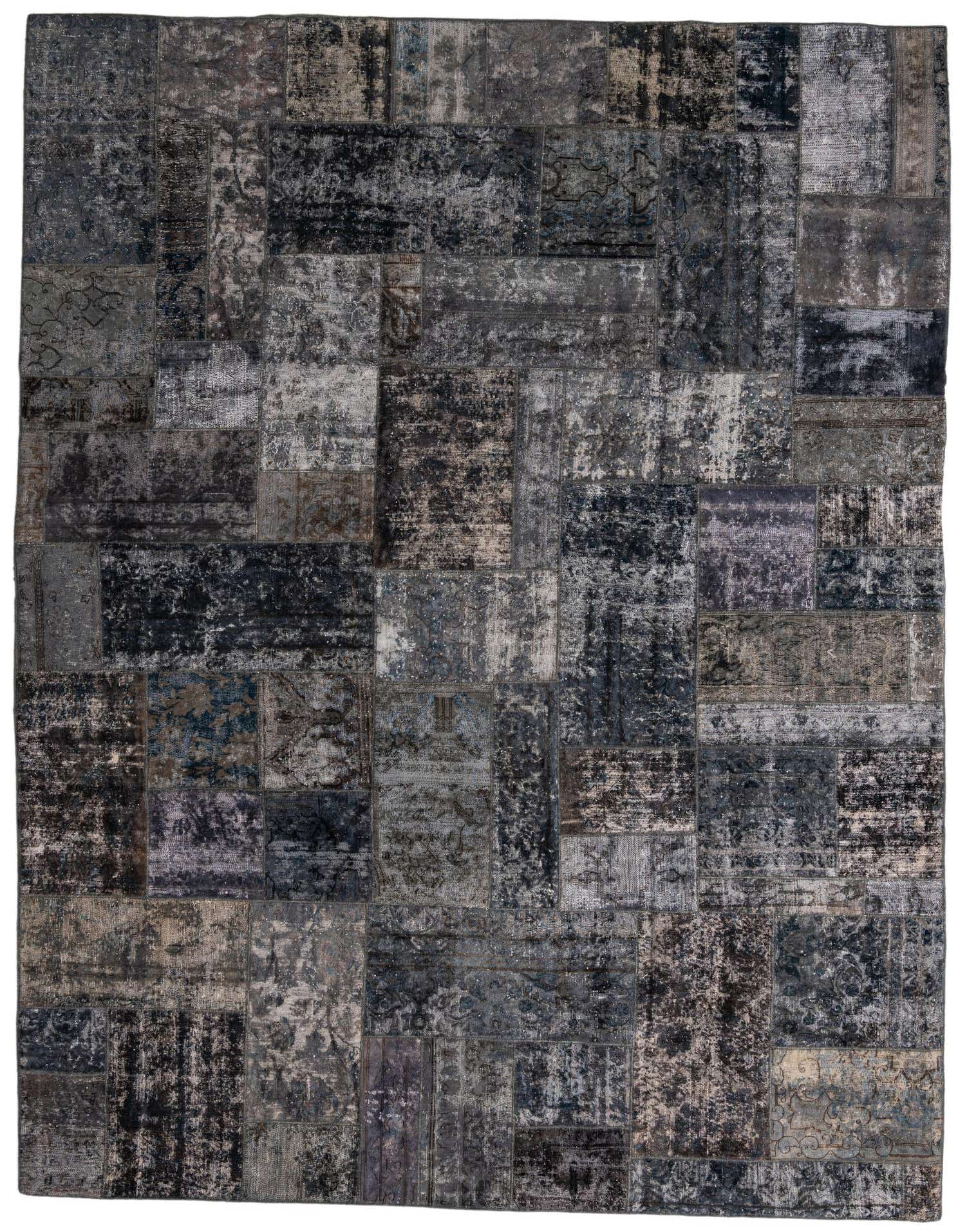 A large 9x12 rectangular Ultra Vintage rug featuring a distressed black, gray, and brown patchwork design with subtle Persian and abstract patterns, ideal for a living room.