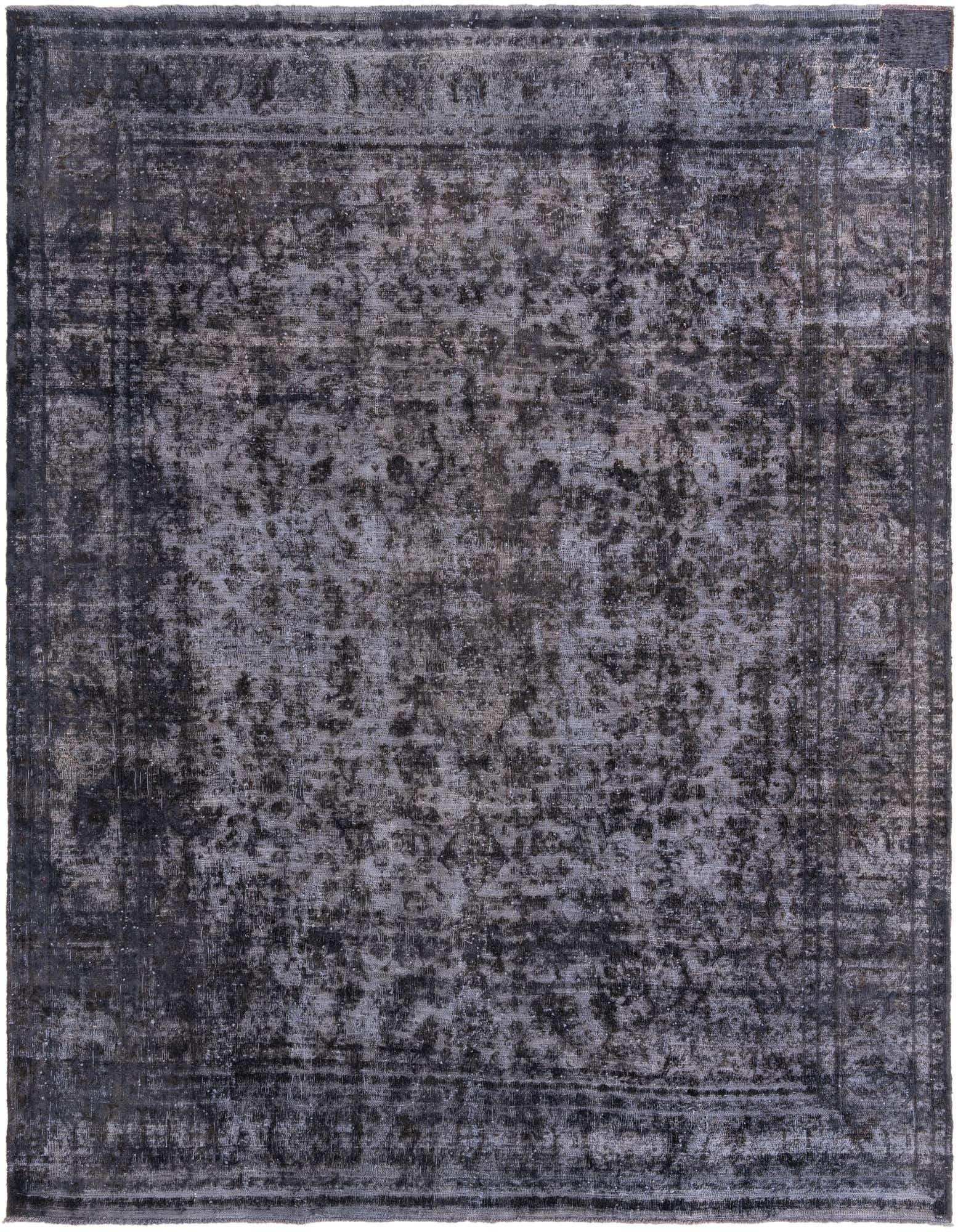A 10x12 rectangular black Persian-style wool rug with a distressed vintage medallion pattern.