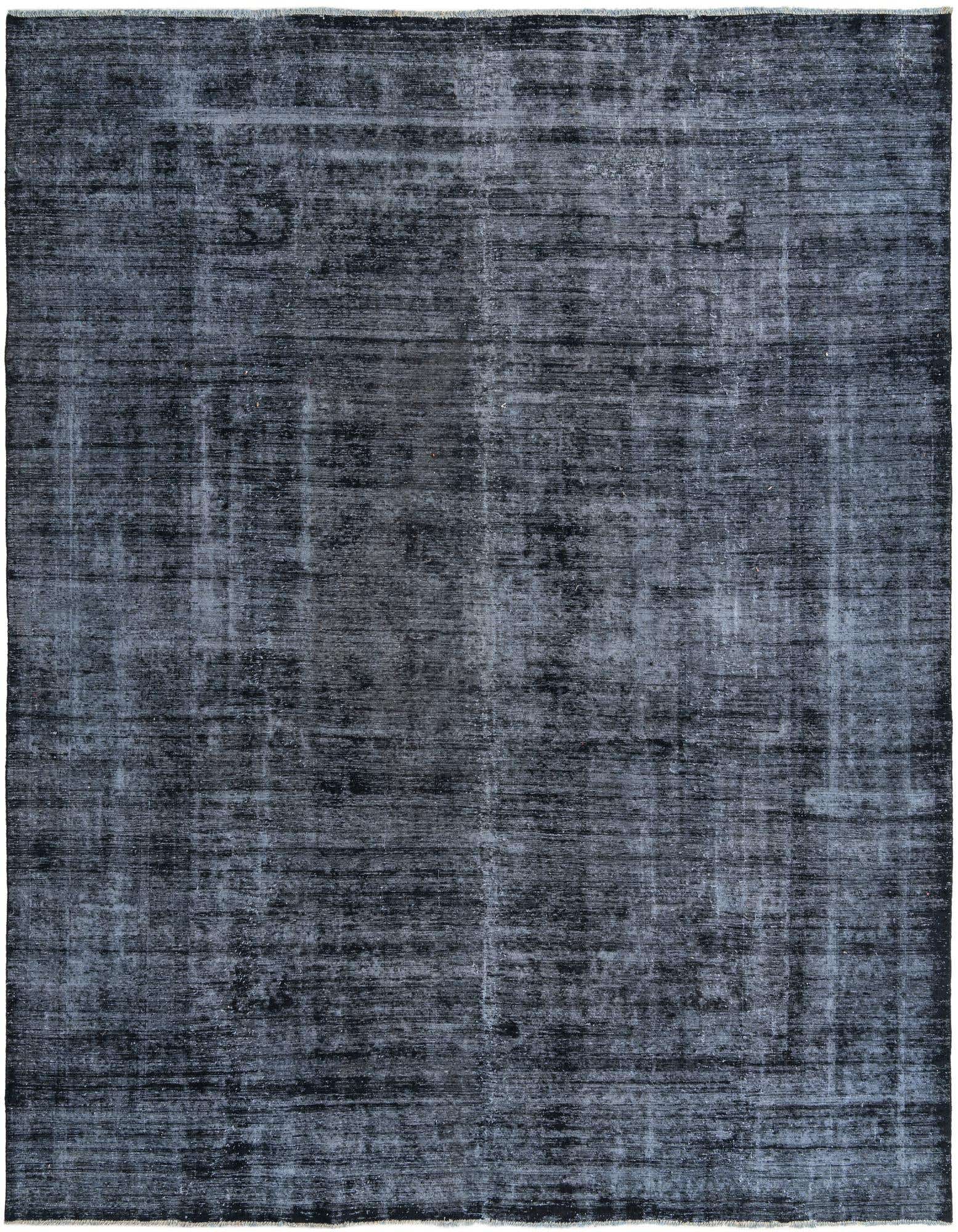 A large 10x12 rectangular black area rug with a distressed vintage Persian pattern, suitable for a living room.