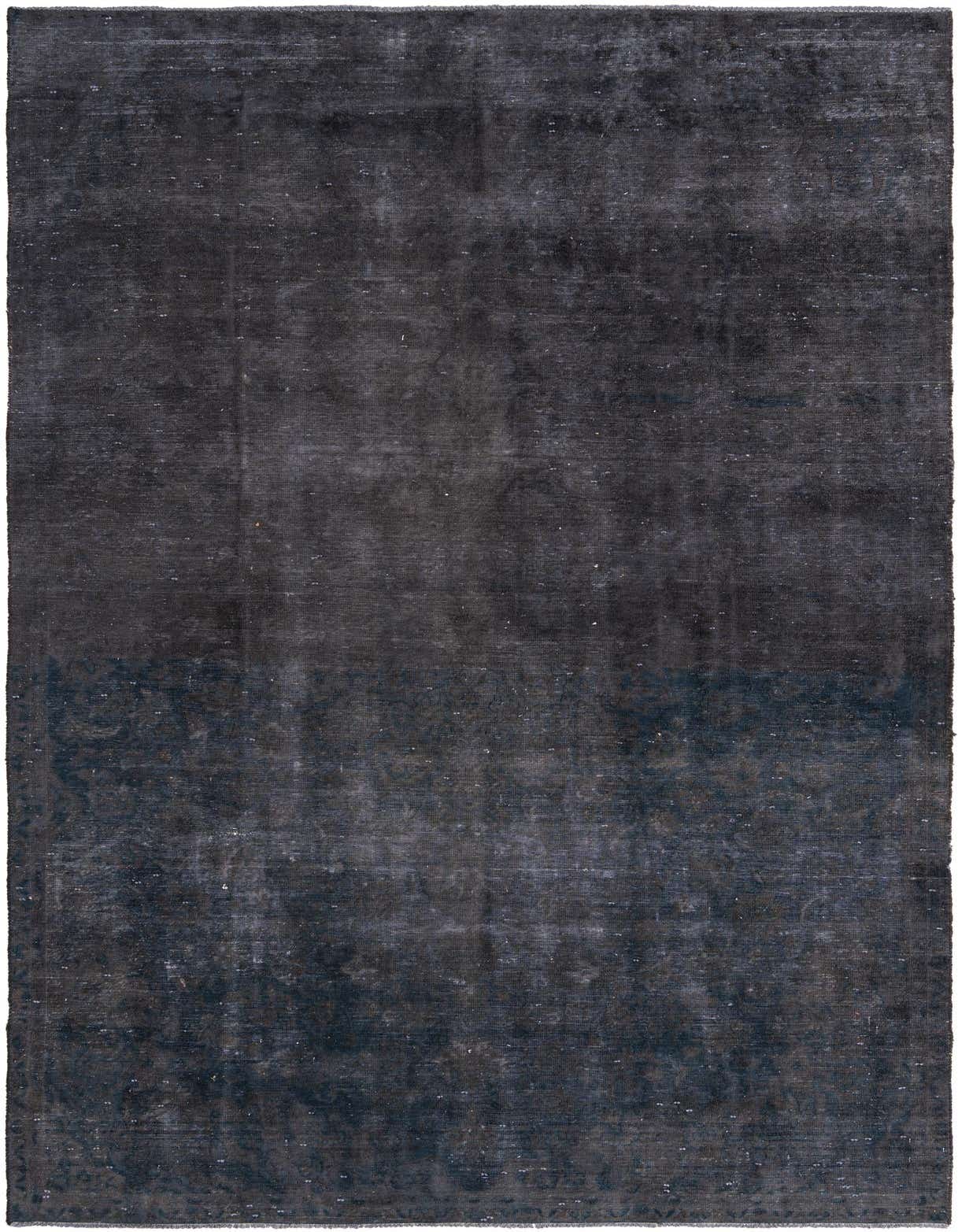 A rectangular 8x11 black wool area rug with a subtle, distressed Persian medallion pattern, suitable for a living room.